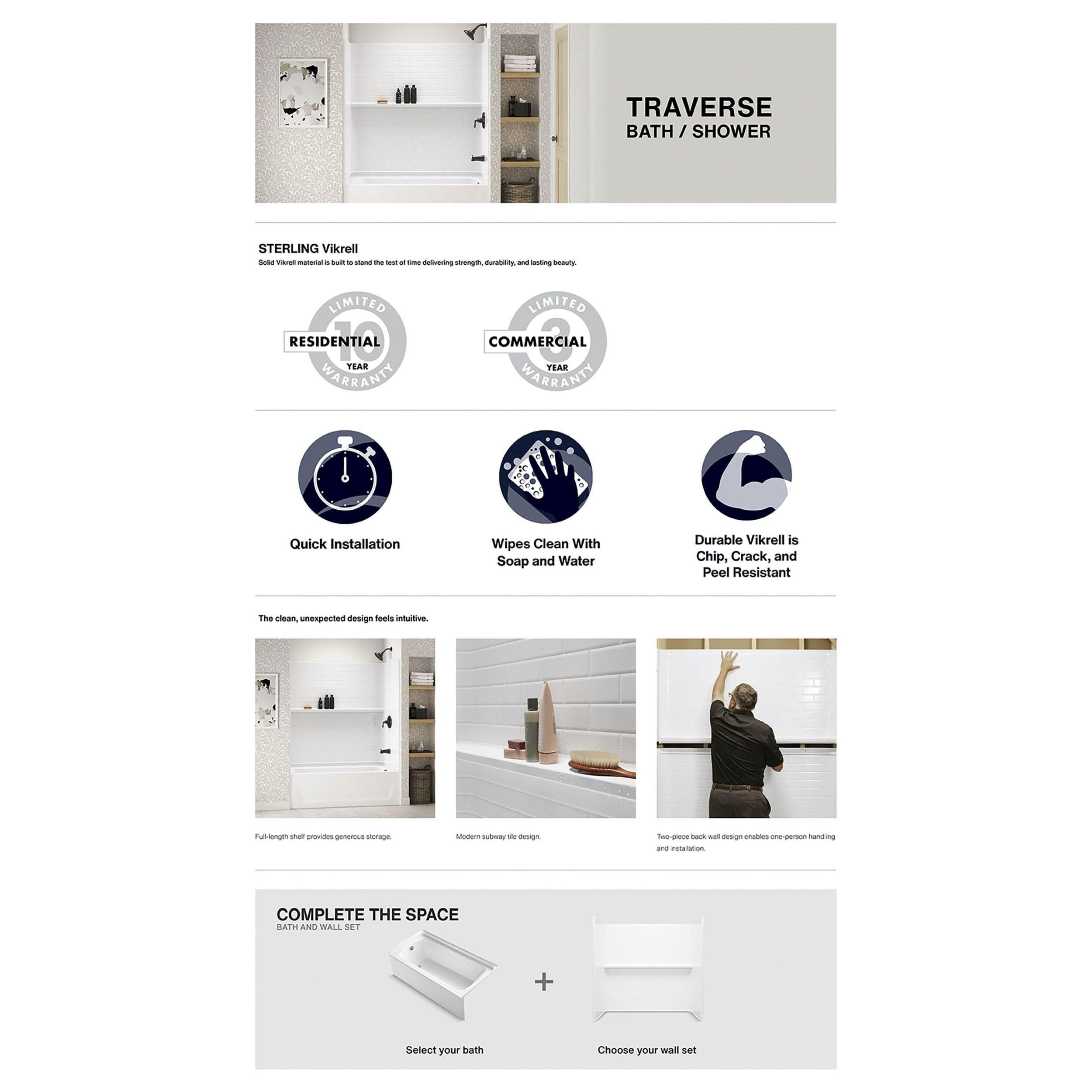 Sterling Traverse 30-in W x 60-in L x 75-in H White 4 -Piece Bathtub Shower Combination Kit (Right Drain) with Tub and Wall Included