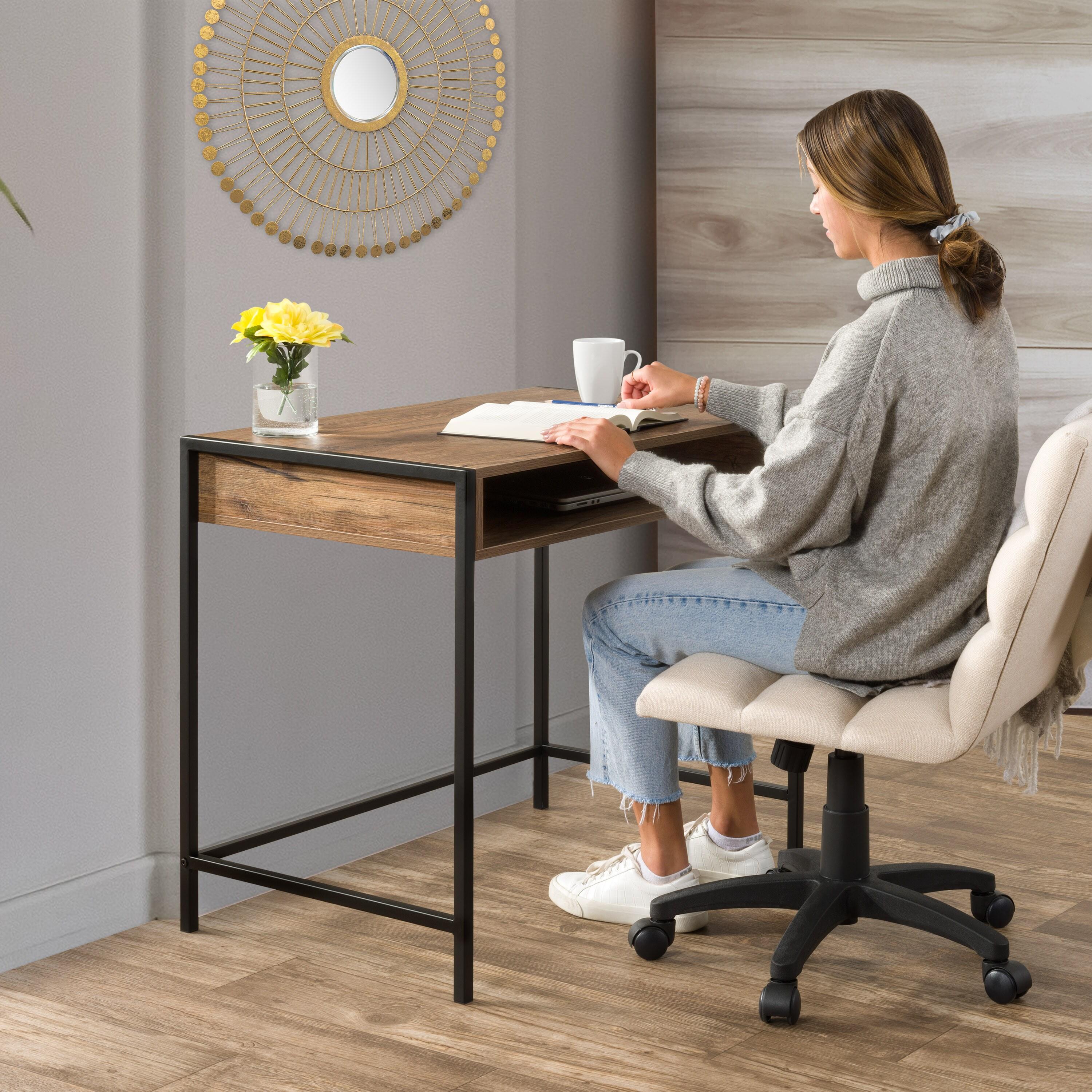 CorLiving Auston Wood Grain Desk Brown: 34" Modern Laminated Office, Open Storage Shelf