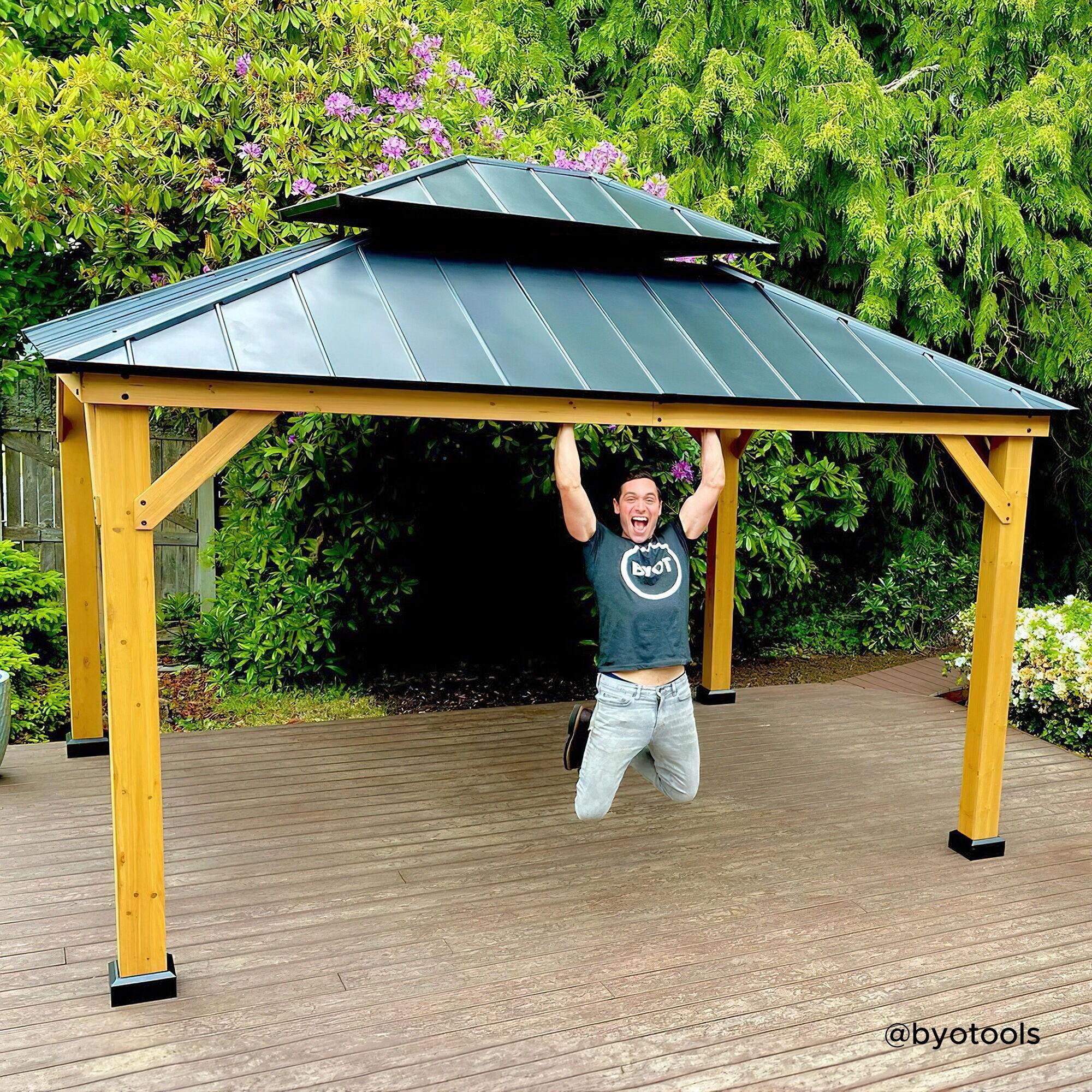 Sunjoy Wood Gazebo Cedar Framed Gaezbos with Black Double Steel Hardtop Roof for Garden,