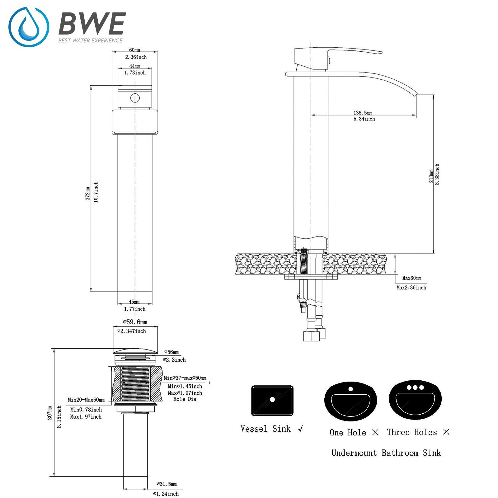 BWE Waterfall Single Hole Single Handle Bathroom Vessel Sink Faucet With Pop-up Drain Assembly