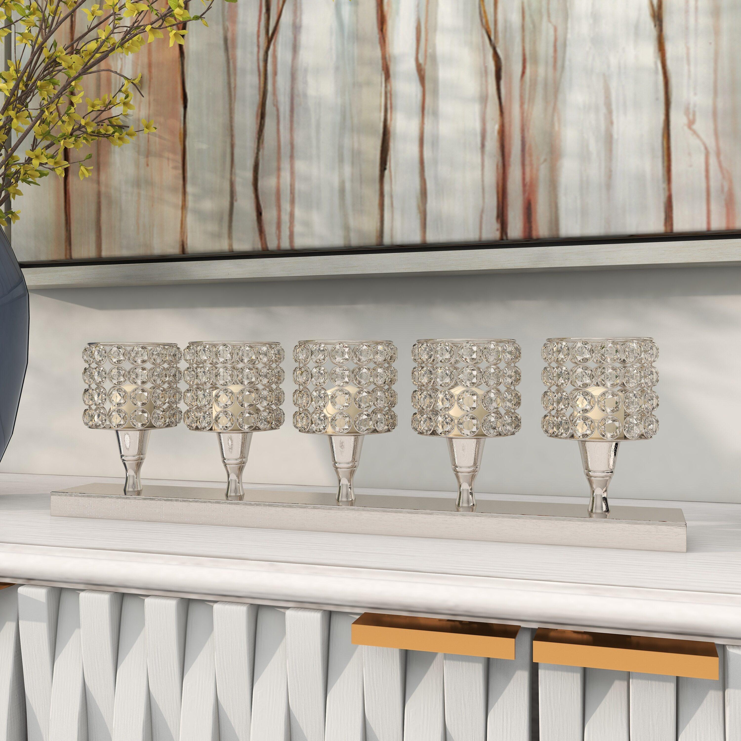 House of Hampton® Aluminum Metal Pillar 5 Crystal Sleeve Decorative Silver Candelabra