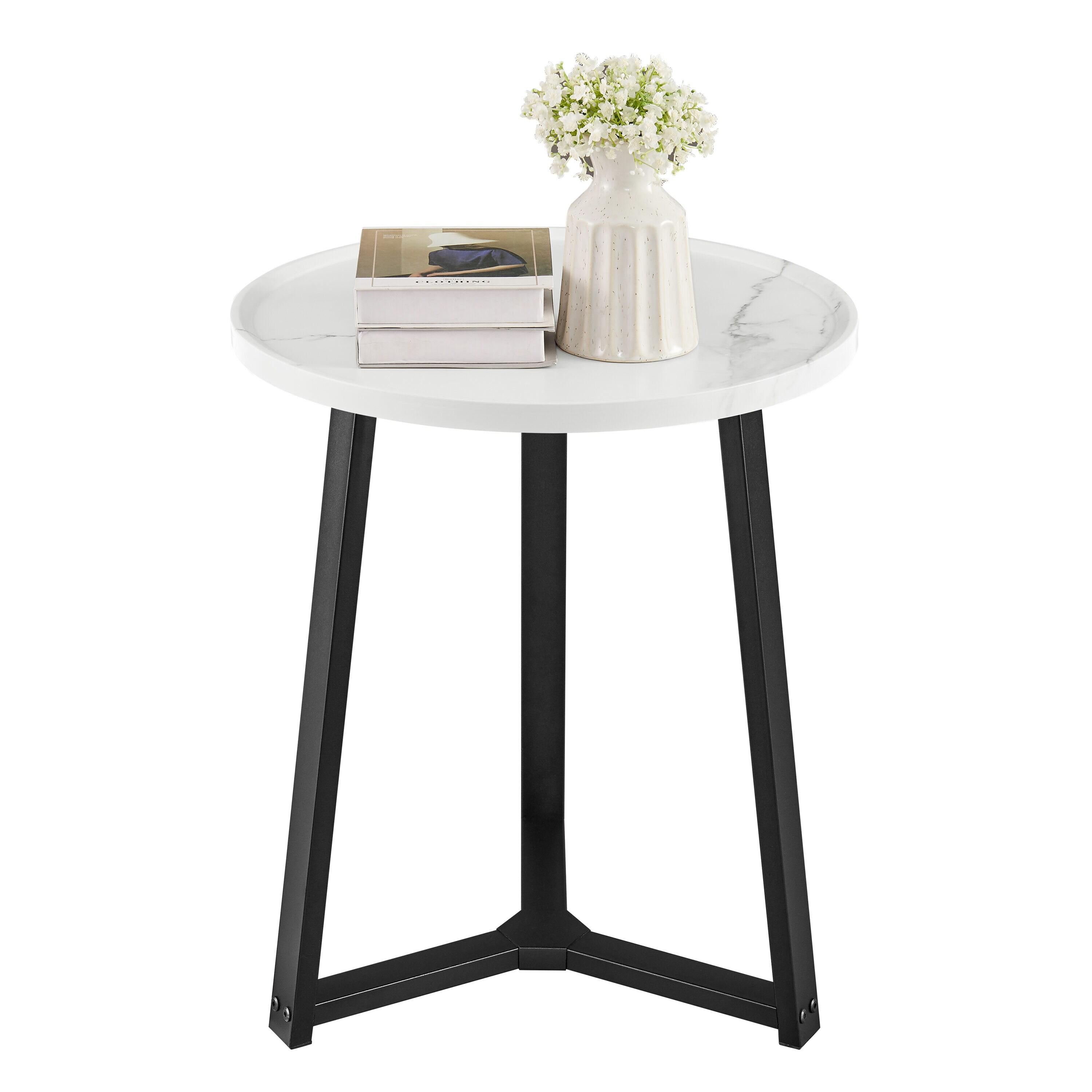 Danya B. 23.3"x19.7" Harper Round Mid-Century Side Accent Table with Modern Pedestal Legs White Marble/Black: Chic Furniture for Living Room