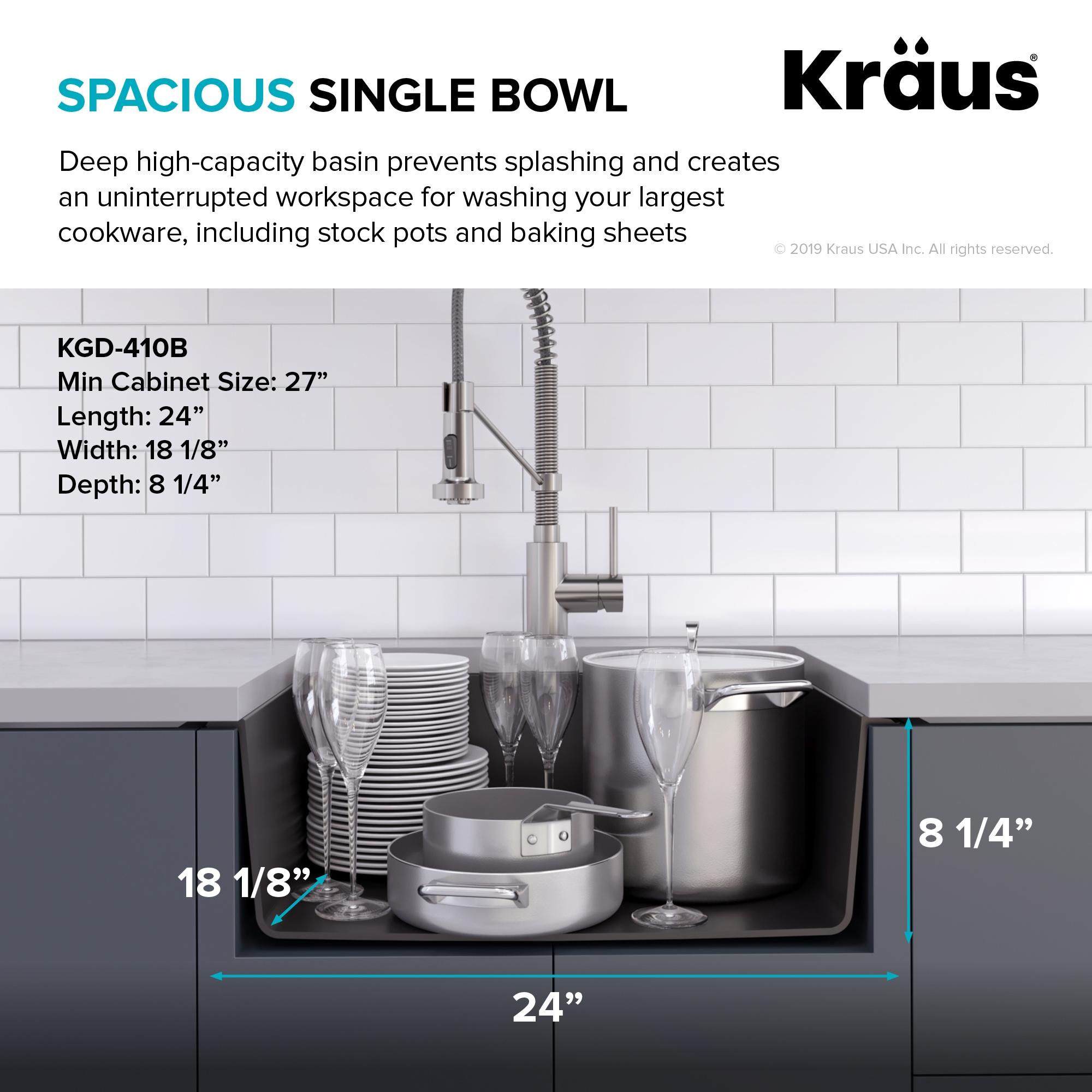 KRAUS 24 inch L Dual Mount Single Bowl Granite Kitchen Sink w/ Topmount and Undermount Installation in Black Onyx