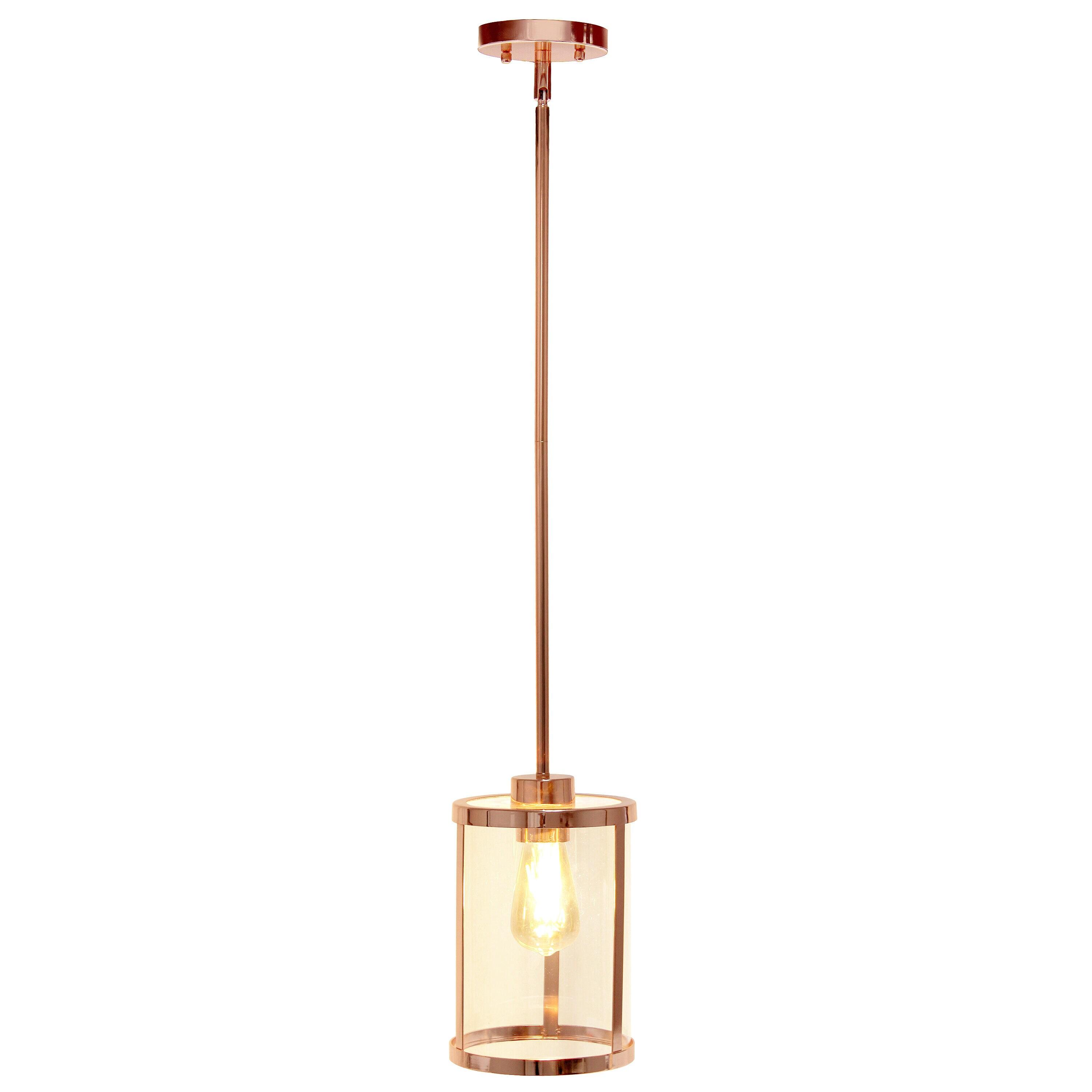 1-Light 9.25" Modern Farmhouse Adjustable Hanging Cylindrical Clear Glass Pendant Fixture with Metal Accent Rose Gold - Lalia Home
