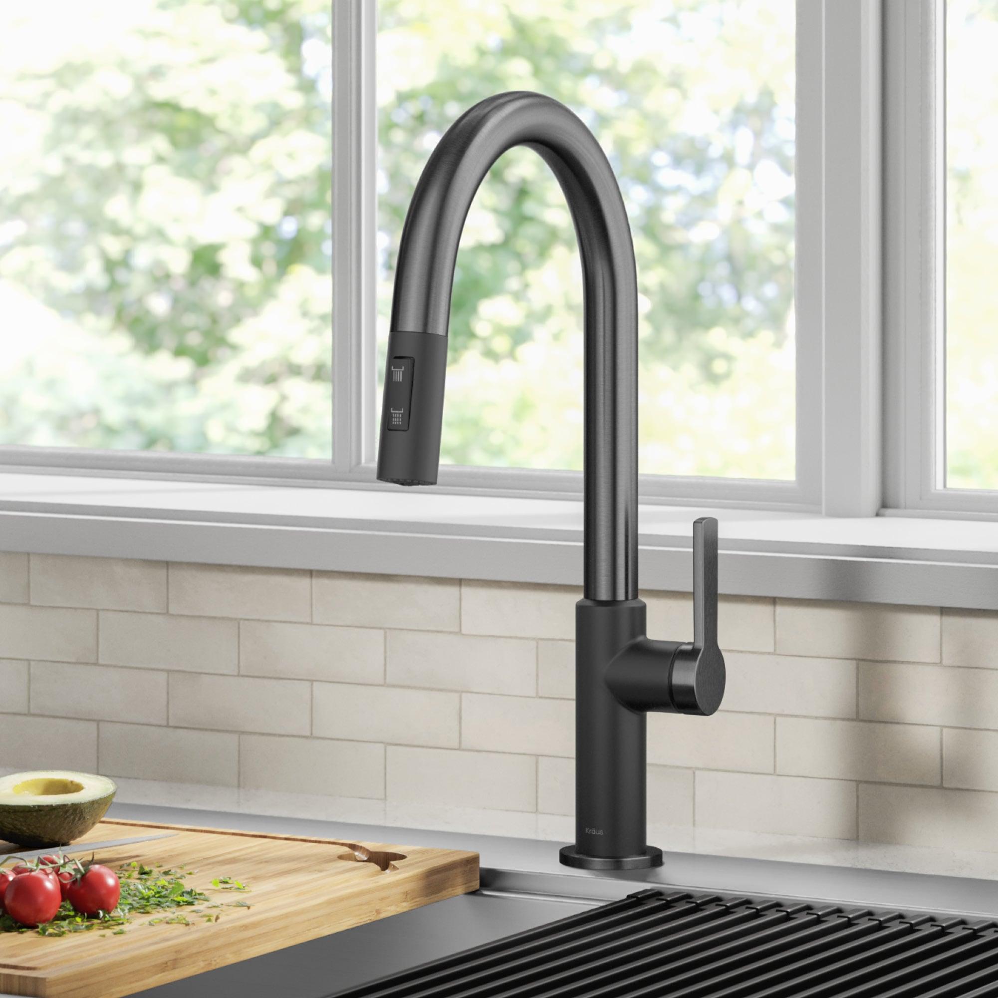 KRAUS Oletto Single Handle Pull Down Kitchen Faucet in Matte Black / Spot Free Black