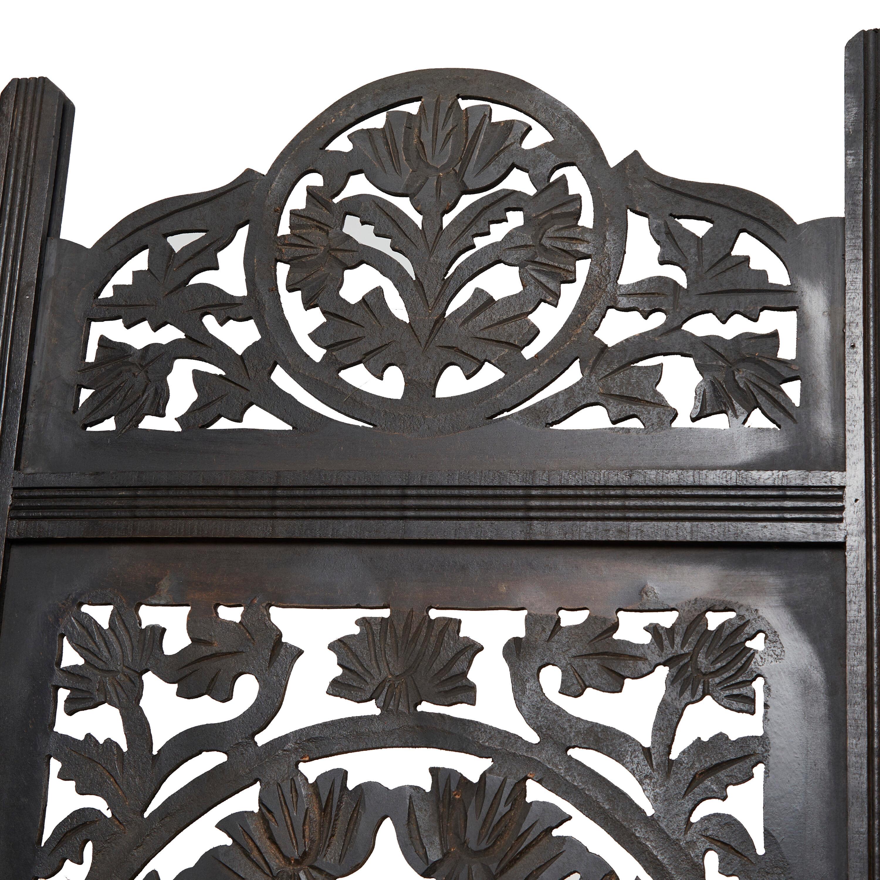 DecMode 80" x 72" Black Wood Floral Handmade Hinged Foldable Partition 4 Panel Room Divider Screen with Intricately Carved Designs, 1-Piece