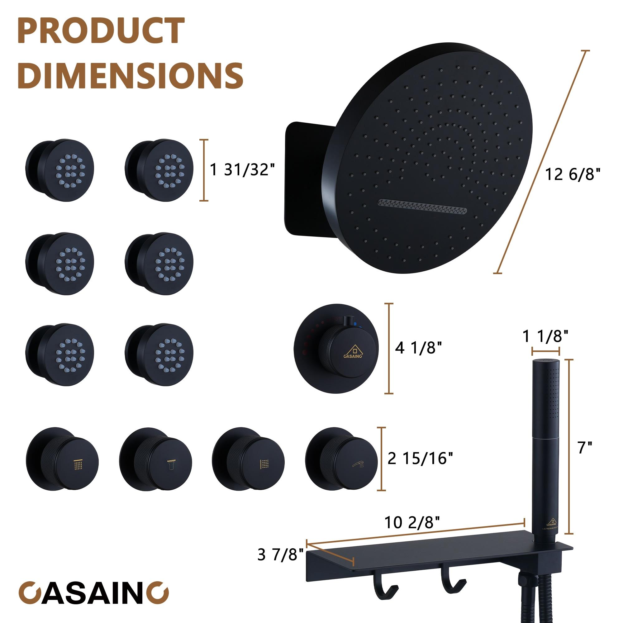 CASAINC KCHS0005-12MB Rainfall Thermostatic Shower System with Body Jets, 2-Sprays Shower Head and a Shelf