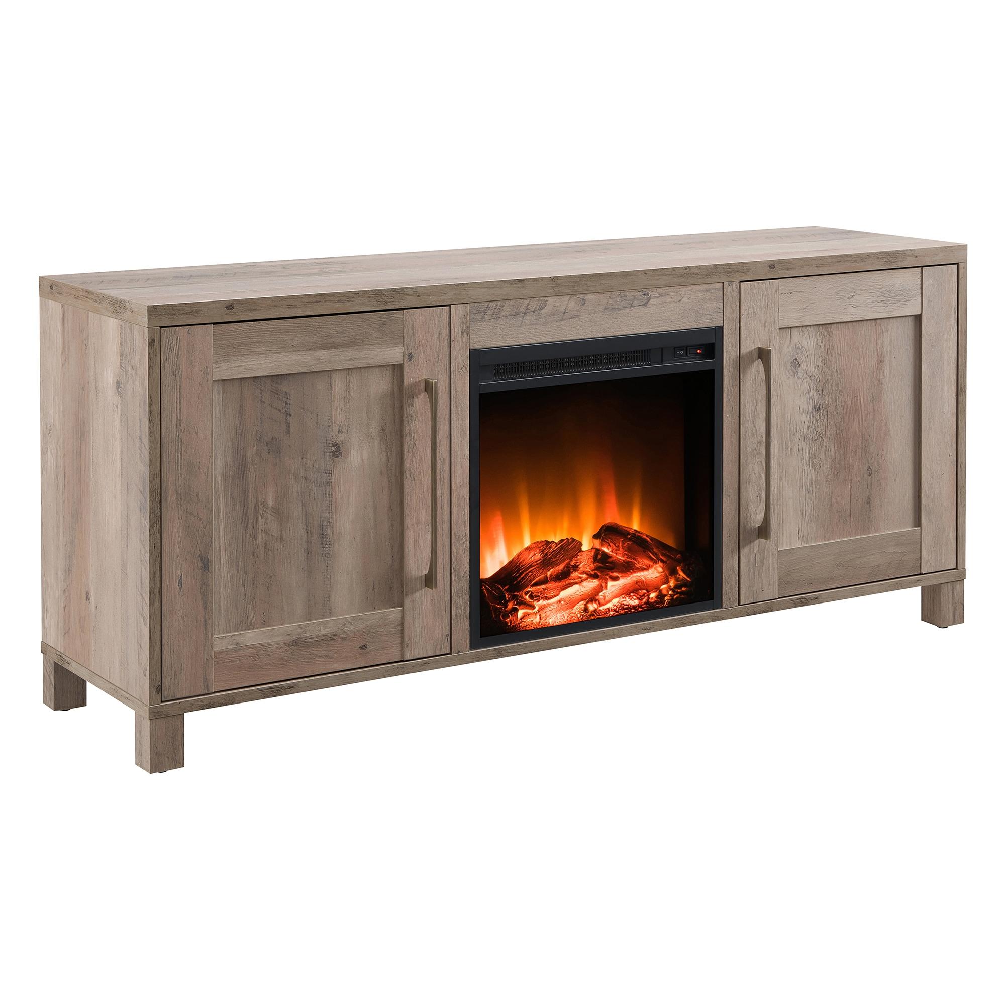 Modern 58" Gray Oak TV Stand with Fireplace and Cabinets