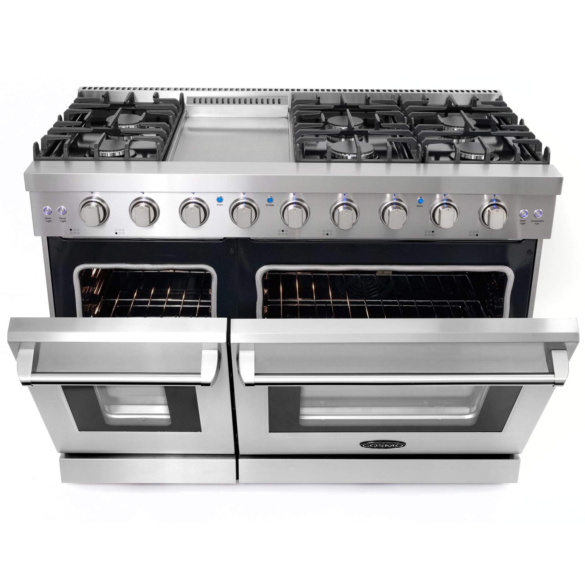 Cosmo 48 in. Haven Collection 6.8 cu. ft. Double Oven Gas Range, 6 Burners, Griddle, Convection, Knob LEDs, Stainless Steel