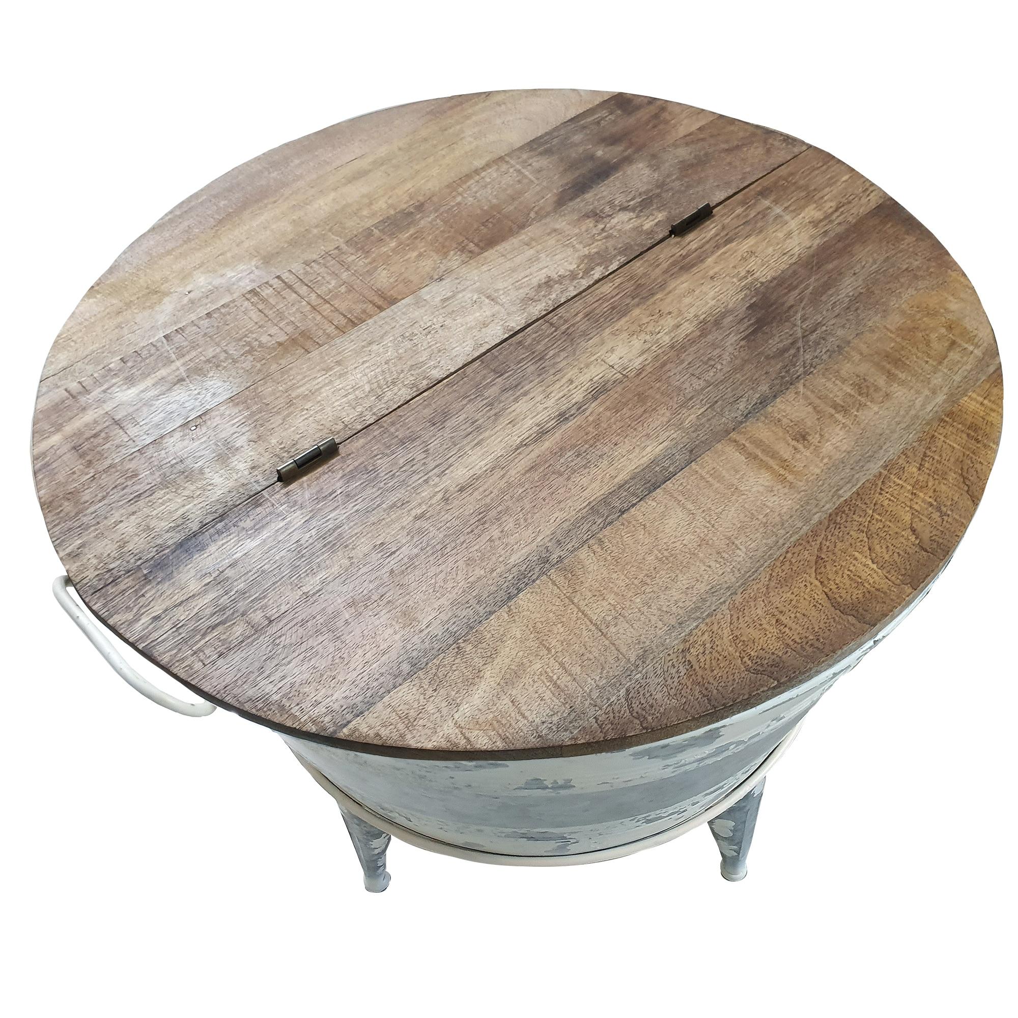 Distressed Metal Frame Cocktail Table with Hinged Lift Top Storage Brown/Gray - Benzara