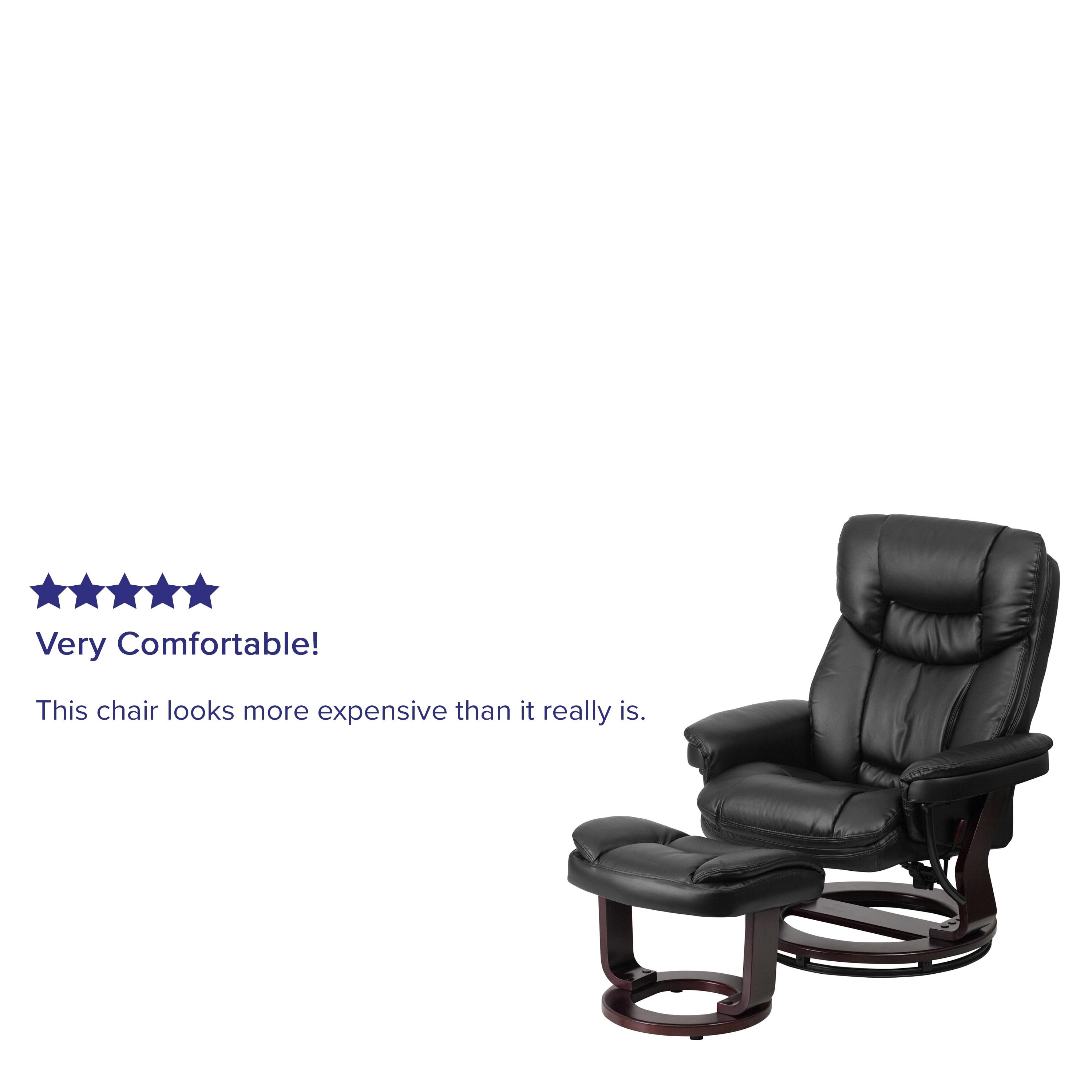 Flash Furniture Contemporary Multi-Position Recliner and Curved Ottoman with Swivel Mahogany Wood Base in Black LeatherSoft