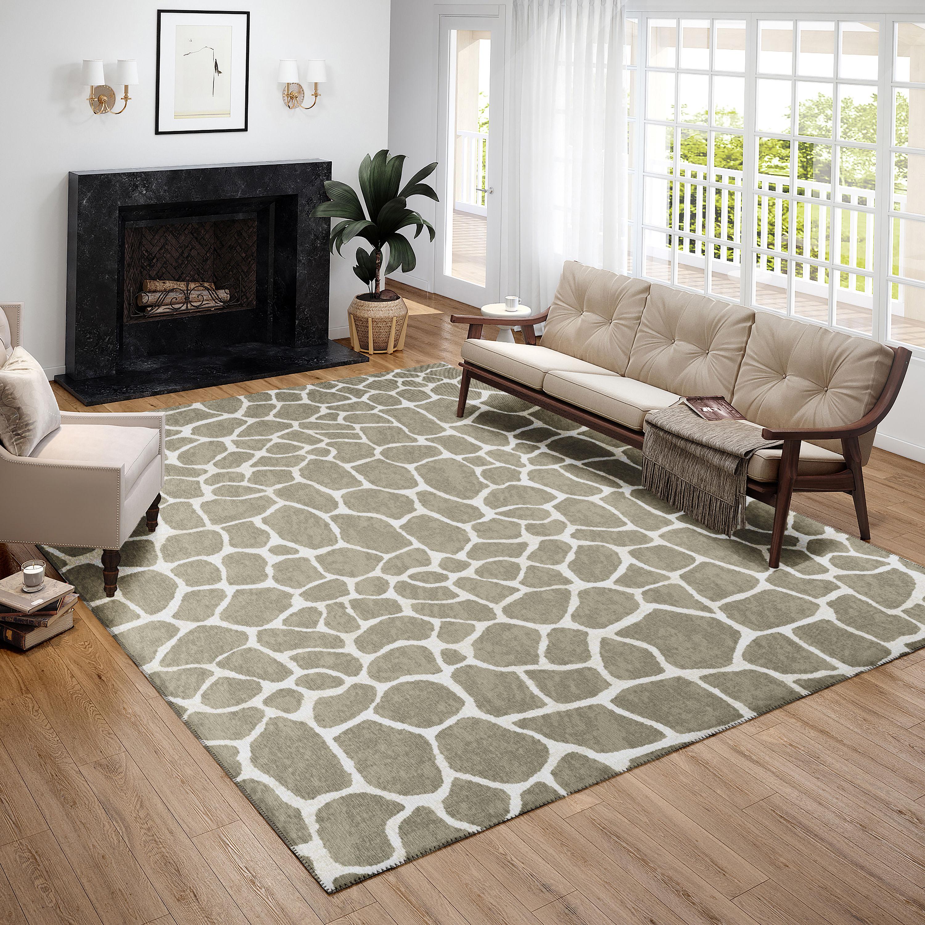 Taupe Geometric Chenille Round Washable Area Rug