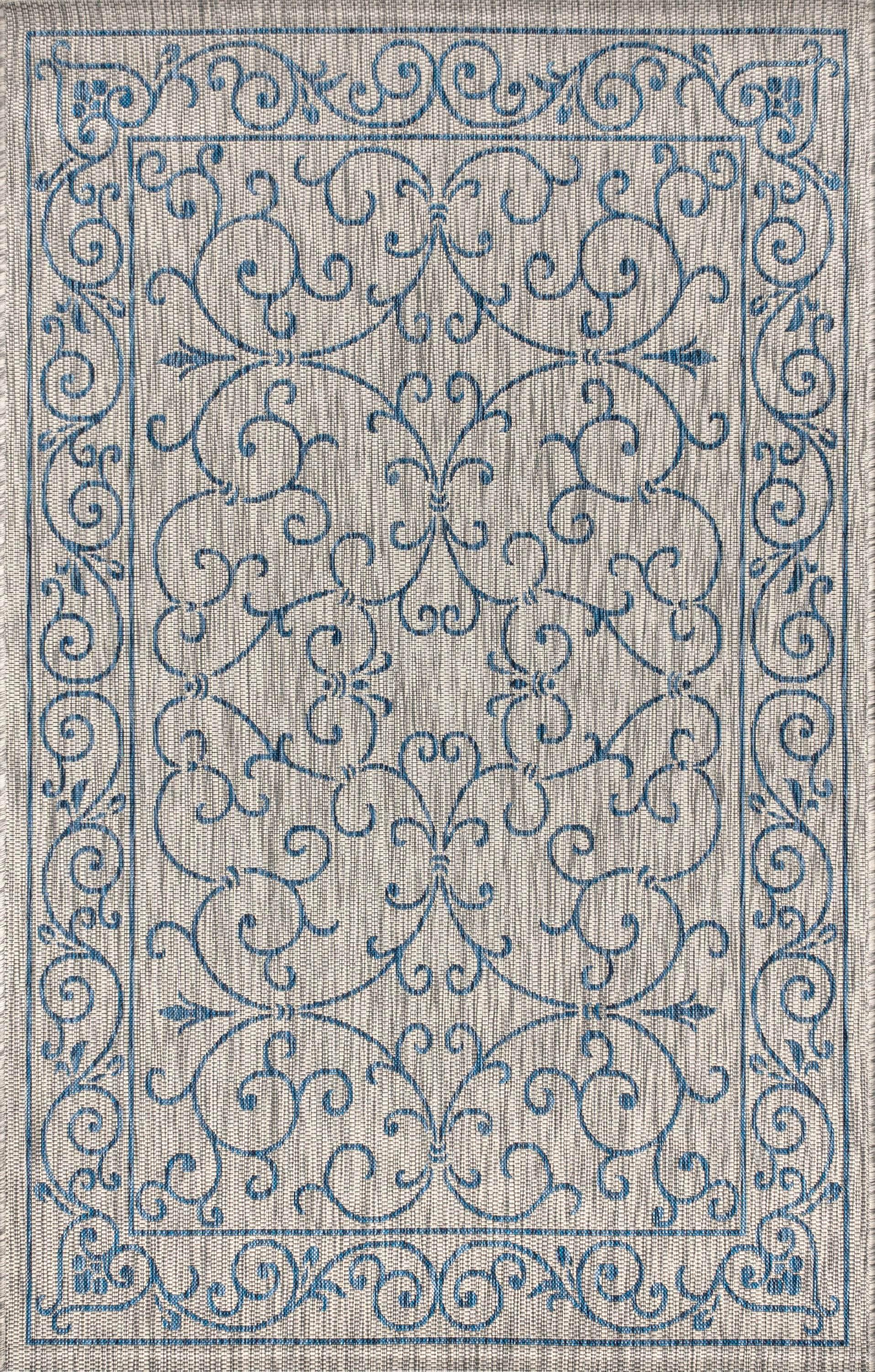 9' X 12' Charleston Vintage Filigree Textured Weave Indoor/Outdoor Area Rug, Gray/Navy - JONATHAN Y