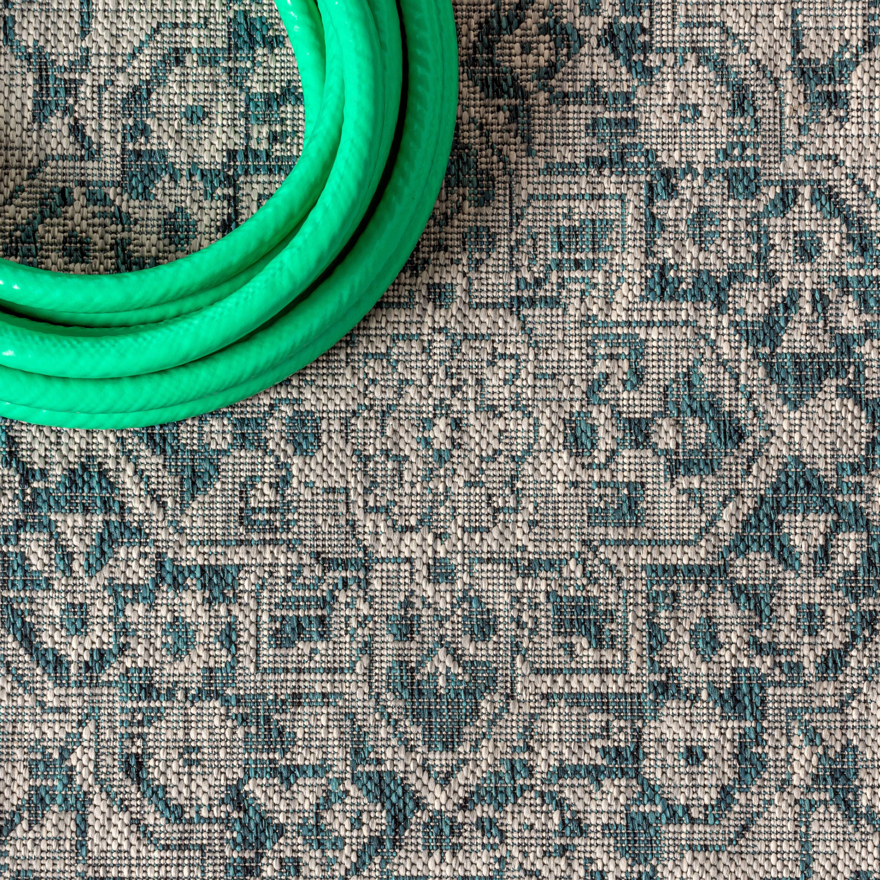 5' Square Rozetta Boho Medallion Textured Weave Indoor/Outdoor Area Rug, Gray/Teal - JONATHAN Y