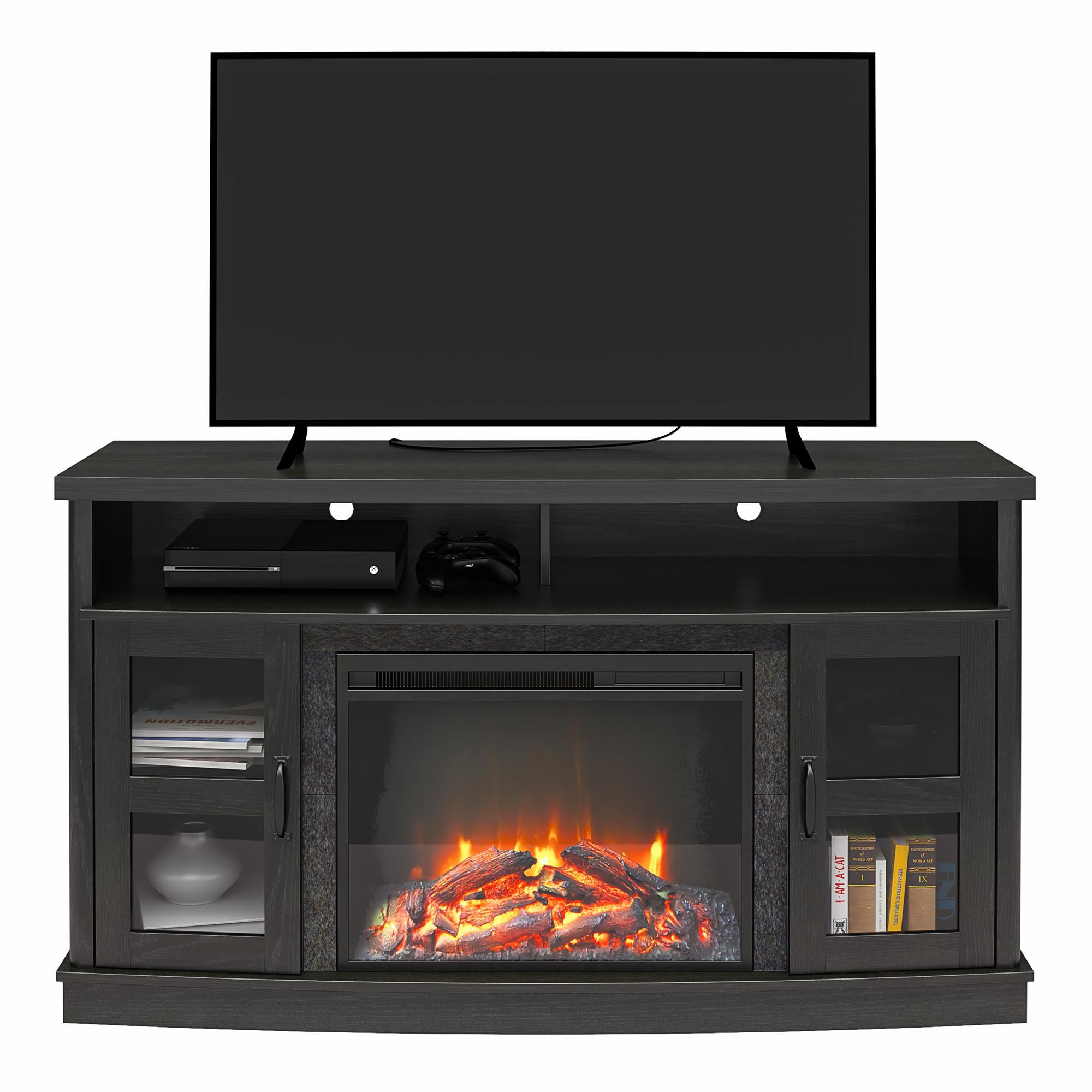 Barrow Creek Black Oak Fireplace TV Console with Glass Doors