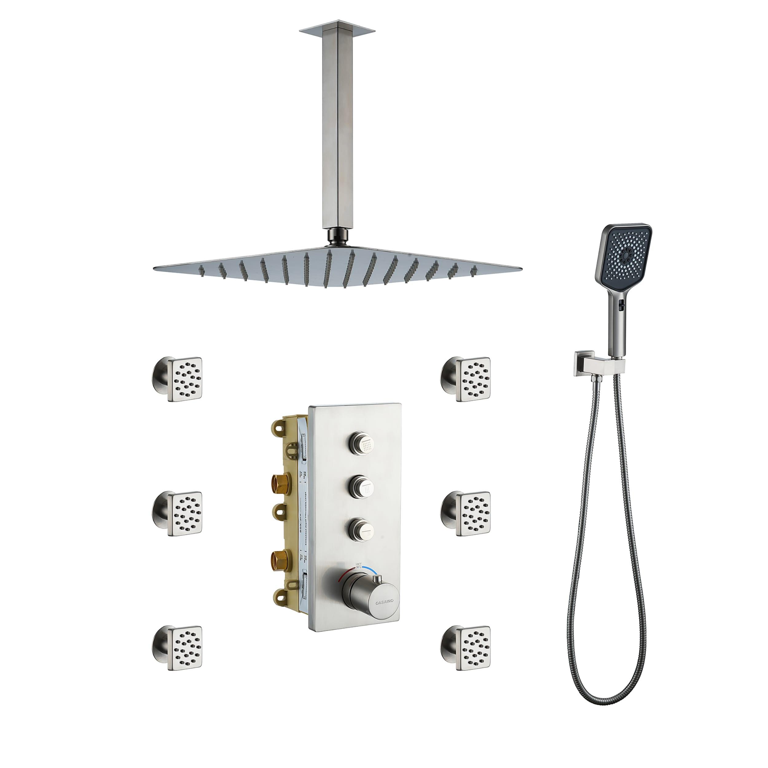 CASAINC 12'' Ceiling Mounted Square Shower System with Handheld Sprayer & 6 Body Jets, Brushed Nickel