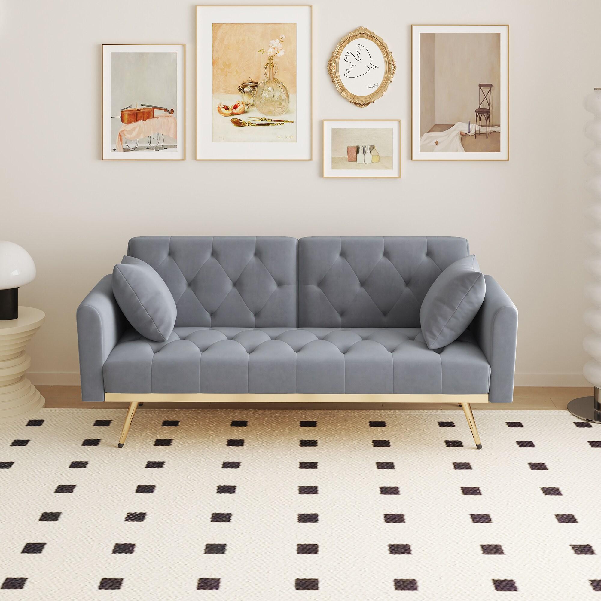 68.3" Gray Velvet Nailhead Sleeper Sofa with Throw Pillow