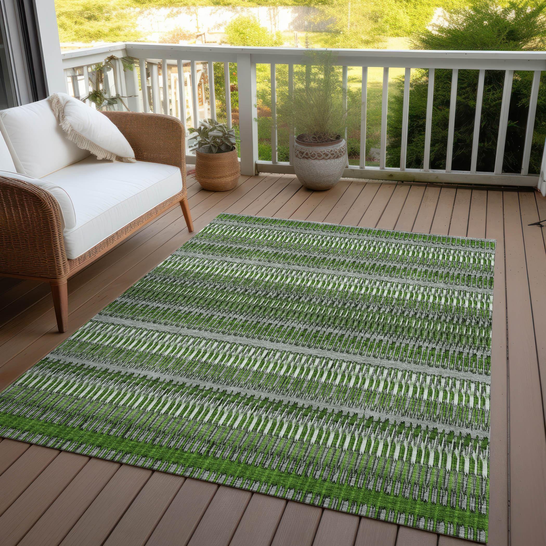 Green and Gray Striped 10' x 14' Synthetic Indoor Outdoor Rug