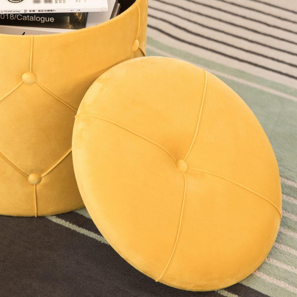 Fabulaxe  15.75 x 15.5 in. Round Wooden Velvet Ottoman Stool with Lid, Yellow