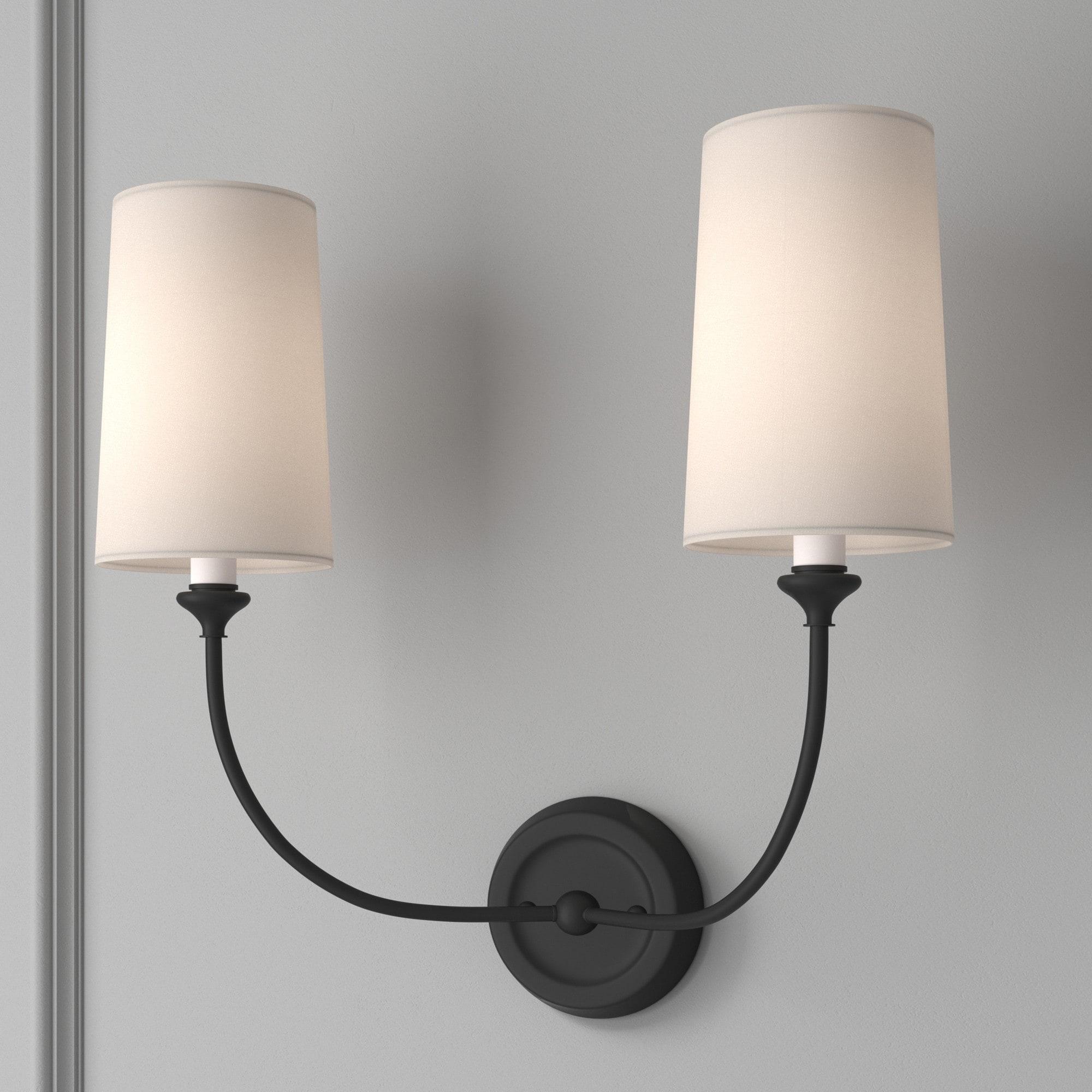 Dark Bronze Dual-Light Sconce with Flax Linen Silk Shades