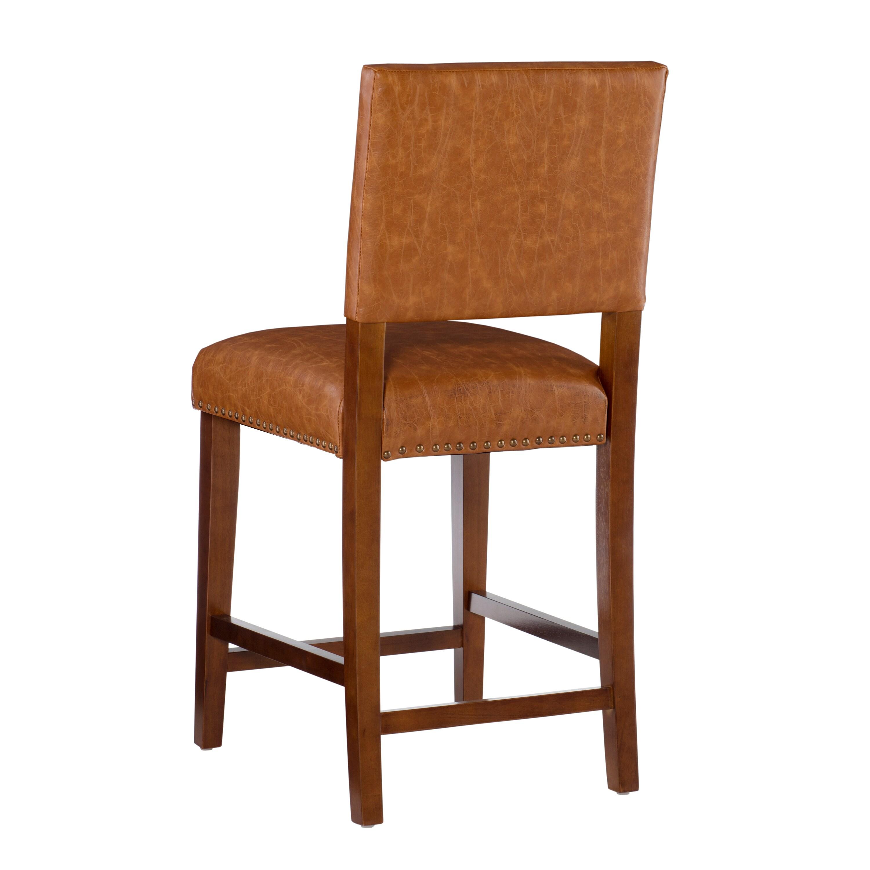 24" Brook Padded Back Faux Leather Nailhead Counter Height Barstool Caramel - Linon: Cherry-Stained Legs, Footrails