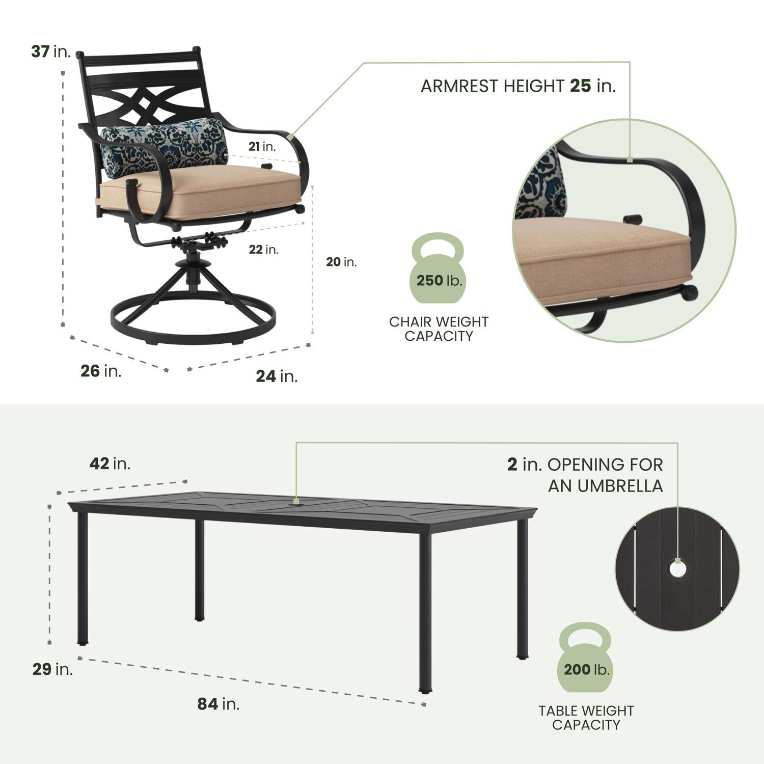 Hanover Montclair 9-Piece All-Weather Outdoor Patio Dining Set, 8 Swivel Rocker Chairs with Comfortable Seat and Lumbar Cushions, 84"x42" Stamped Rectangle Table, MCLRDN9PCSW8-TAN