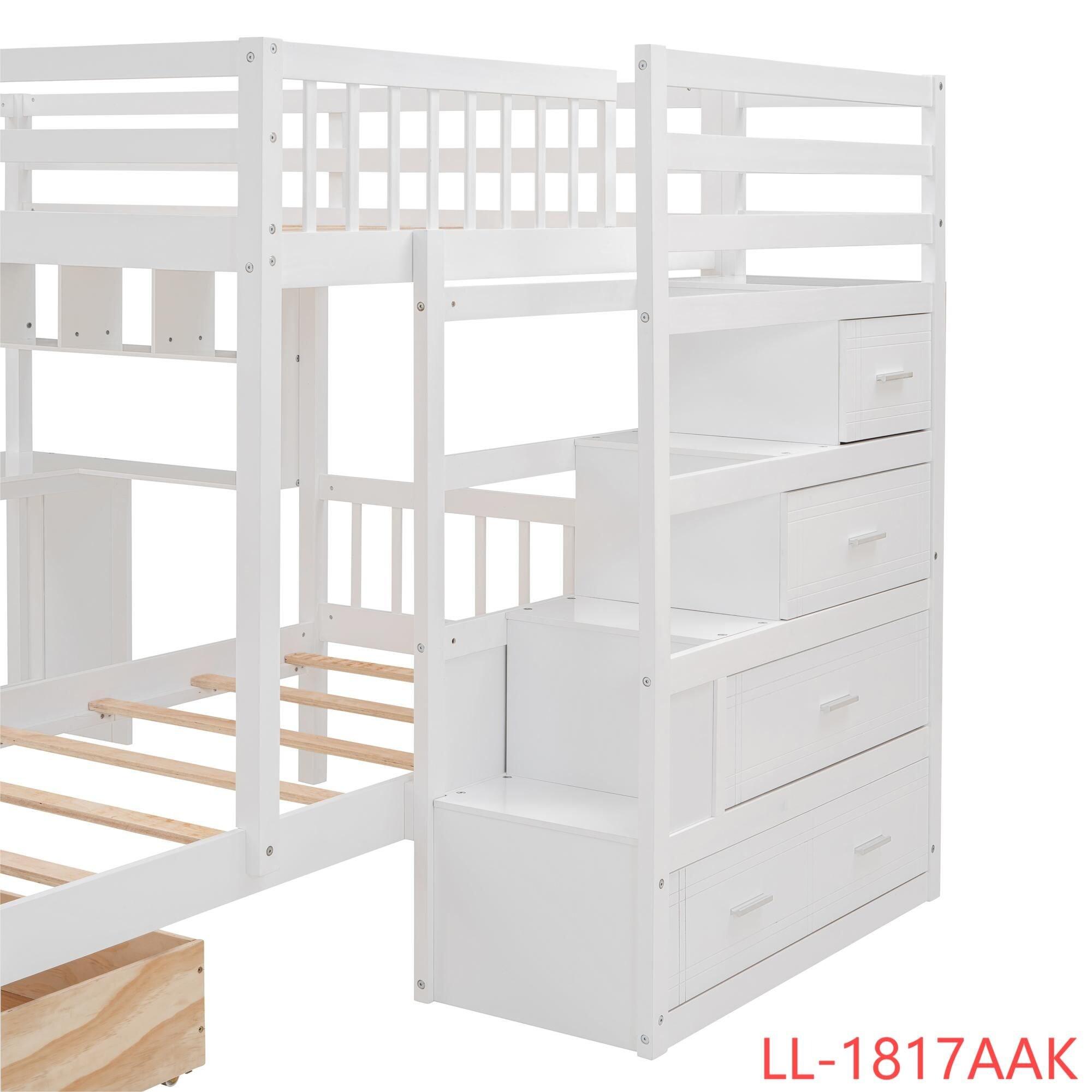 Harper & Bright Designs Full Over Twin Bunk Bed with Stairs, Storage Drawers, Full Size Loft Bed Frame with Desk and Shelves, White