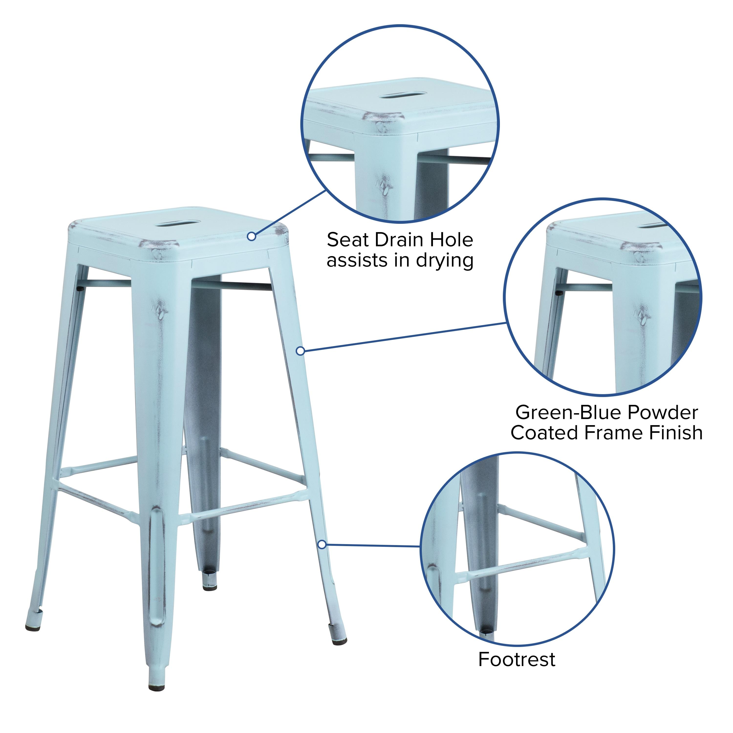 Flash Furniture Commercial Grade 30" High Backless Distressed Green-Blue Metal Indoor-Outdoor Barstool