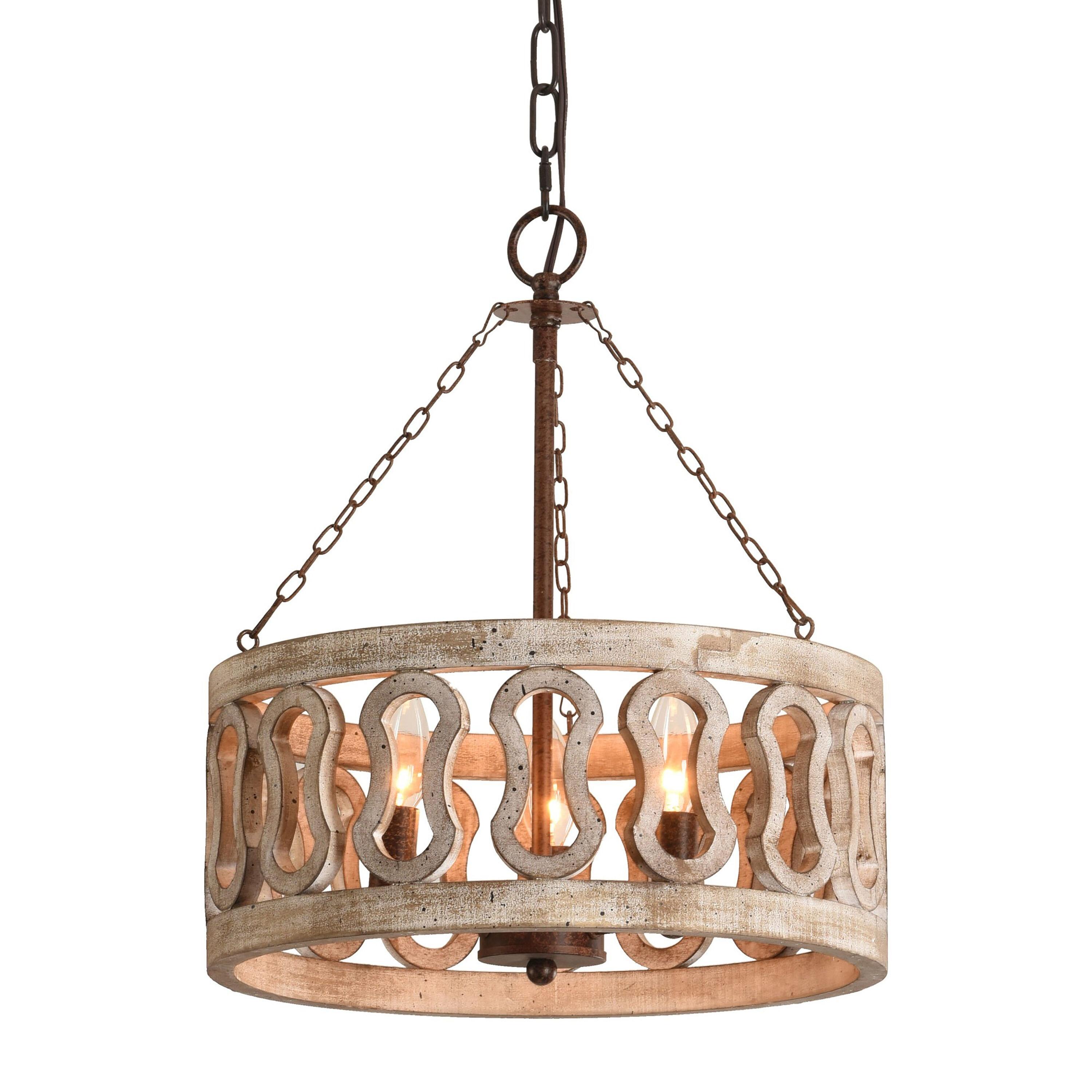 Cusp Barn  3-Light Farmhouse Candle Chandelier Rustic Drum Ceiling Pendant Light for Living Room Weathered Woood