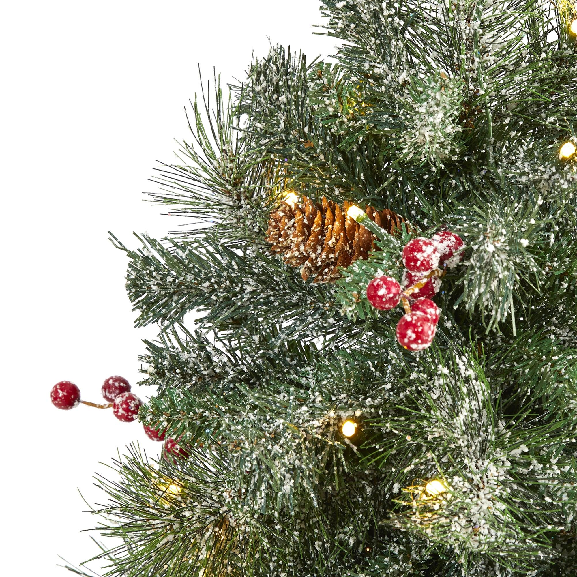 Nearly Natural 4’ Frosted Pine, Pinecone and Berries Prelit LED Artificial Christmas Tree in Decorative Urn