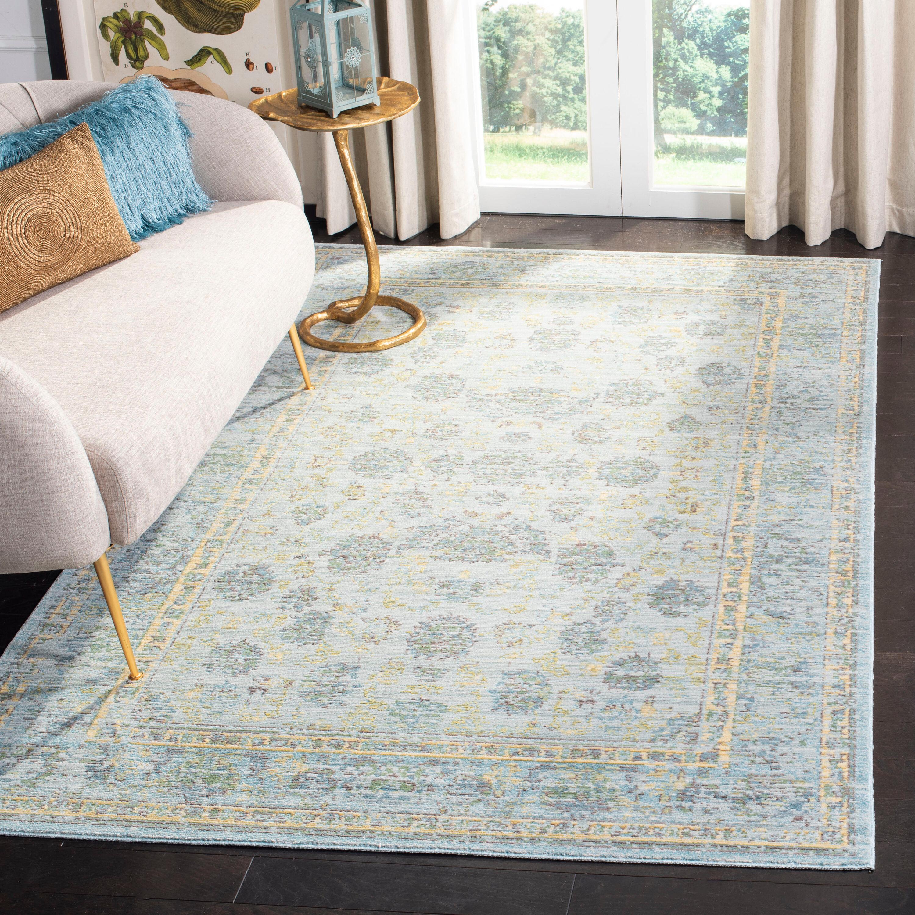 SAFAVIEH Valencia Cionadogh Floral Bordered Polyester Area Rug, Light Blue/Turquoise, 4' x 6'