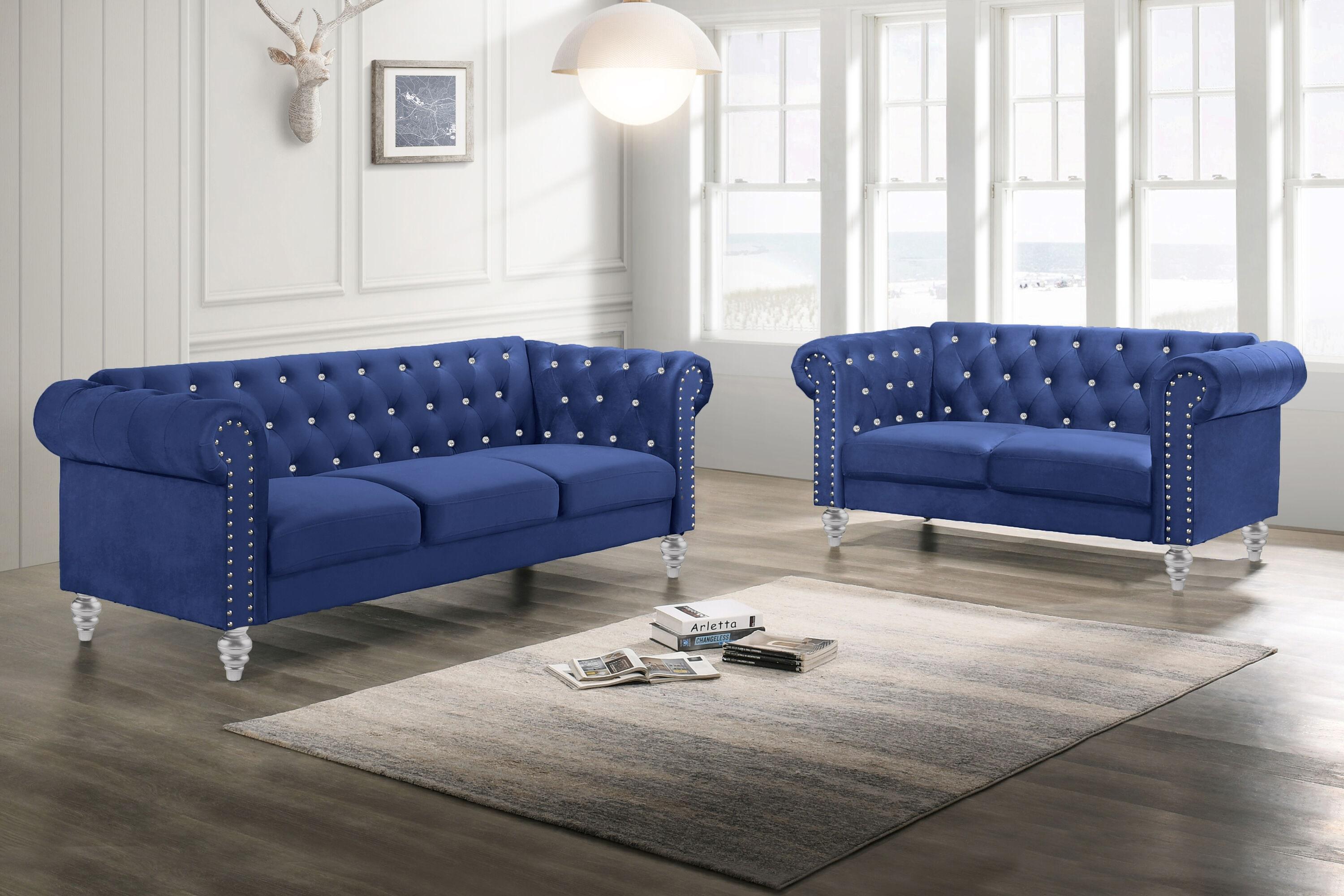 New Classic Emma 2-Piece Crystal Velvet Loveseat & Sofa Set in Royal Blue