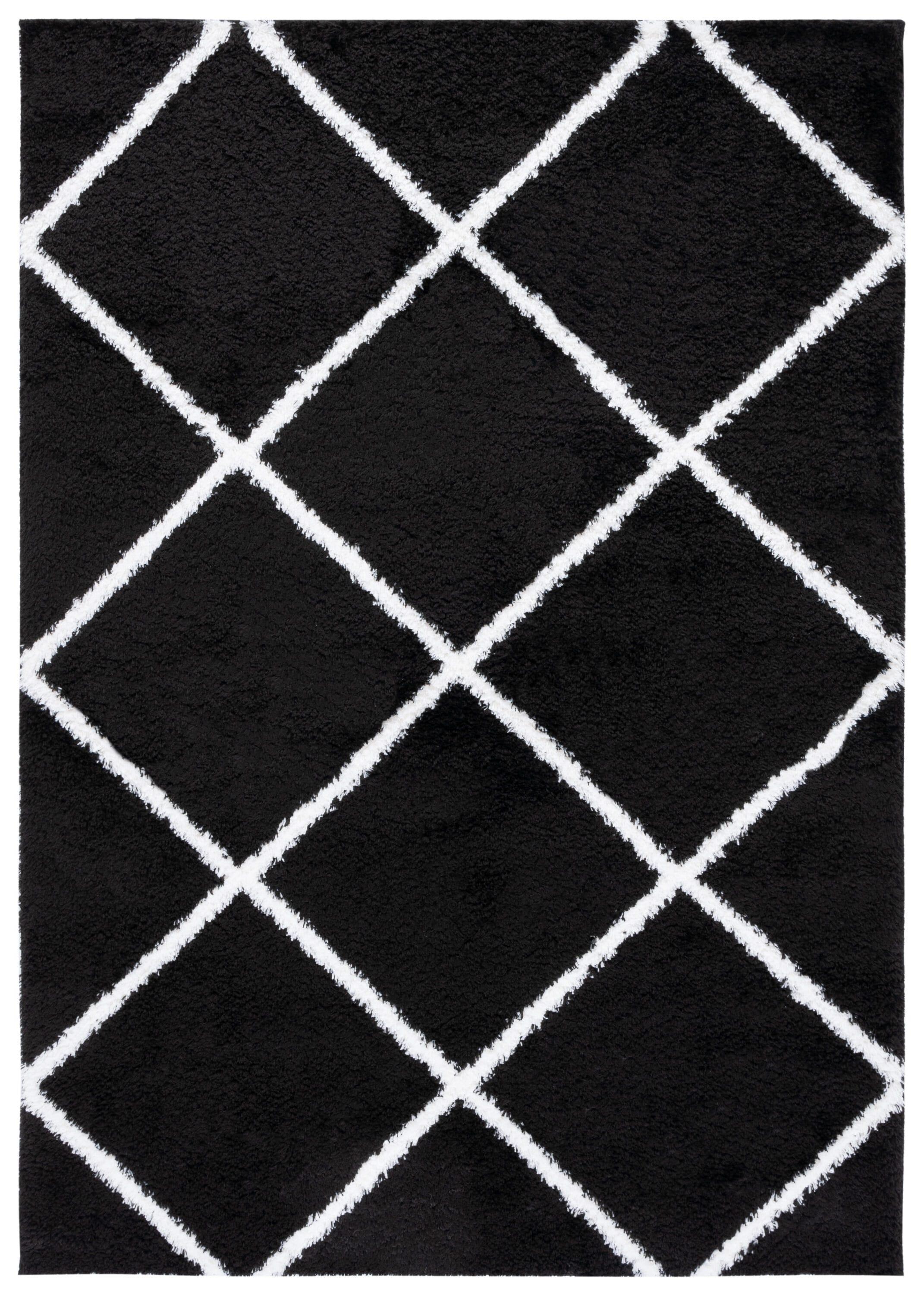 Black and White Geometric Shag 9' x 12' Synthetic Area Rug