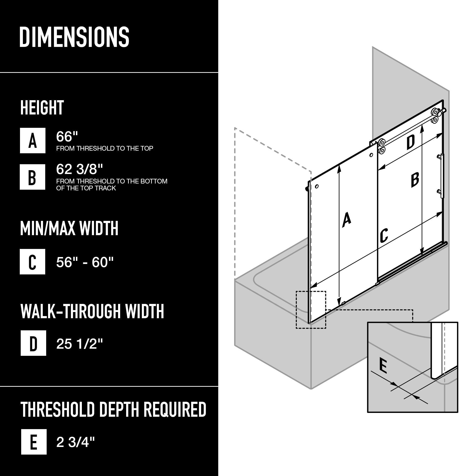 Elan 56-60" W x 66" H Sliding Frameless Tub Door with 3/8" Clear Glass