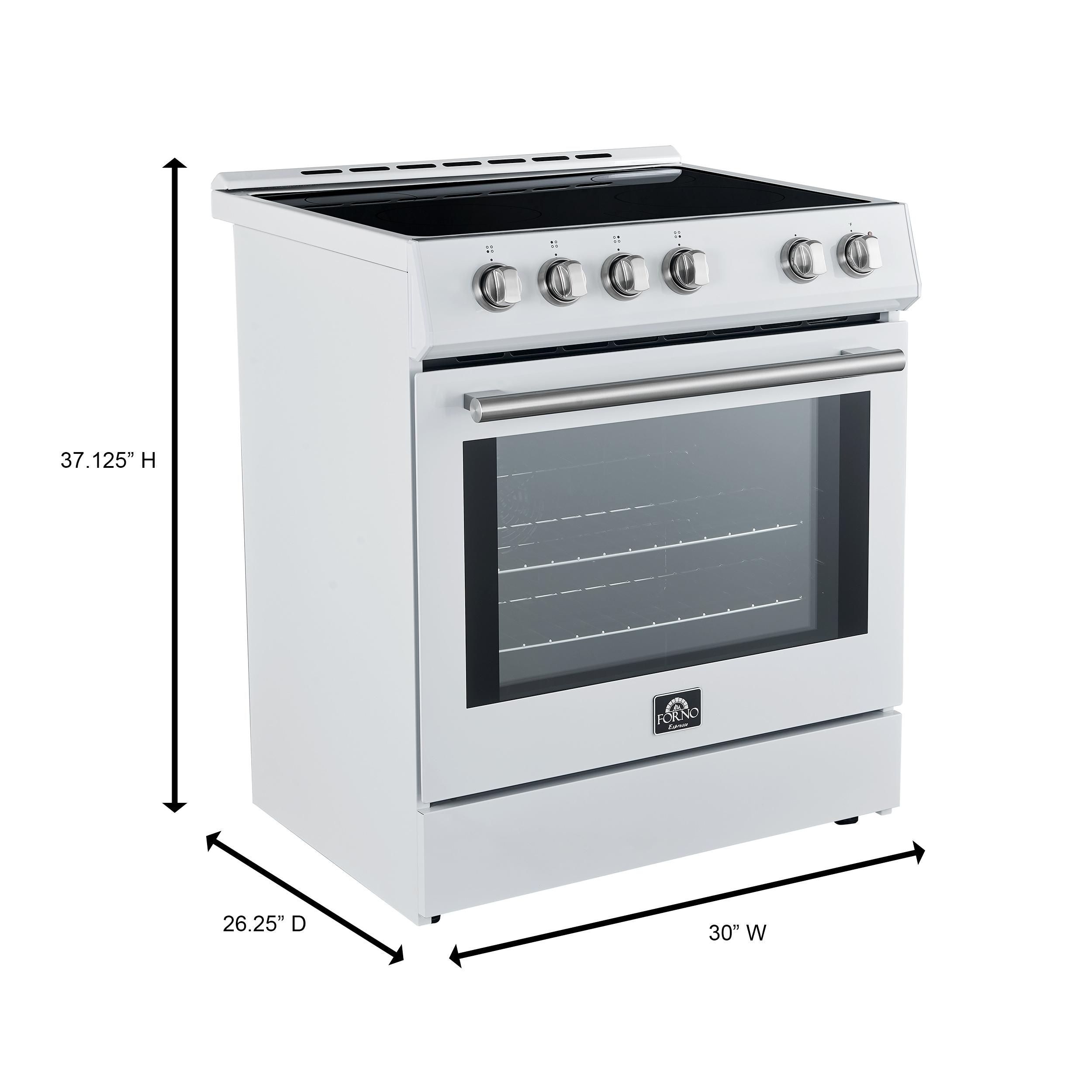 Forno Leonardo Espresso 30-inch Slide-In Electric Range in Stainless-Steel, Black or White, 4 Elements, 7,100 Watts, 5.0 cu.ft. Oven with Convection Fan FFSEL6012-30WHT