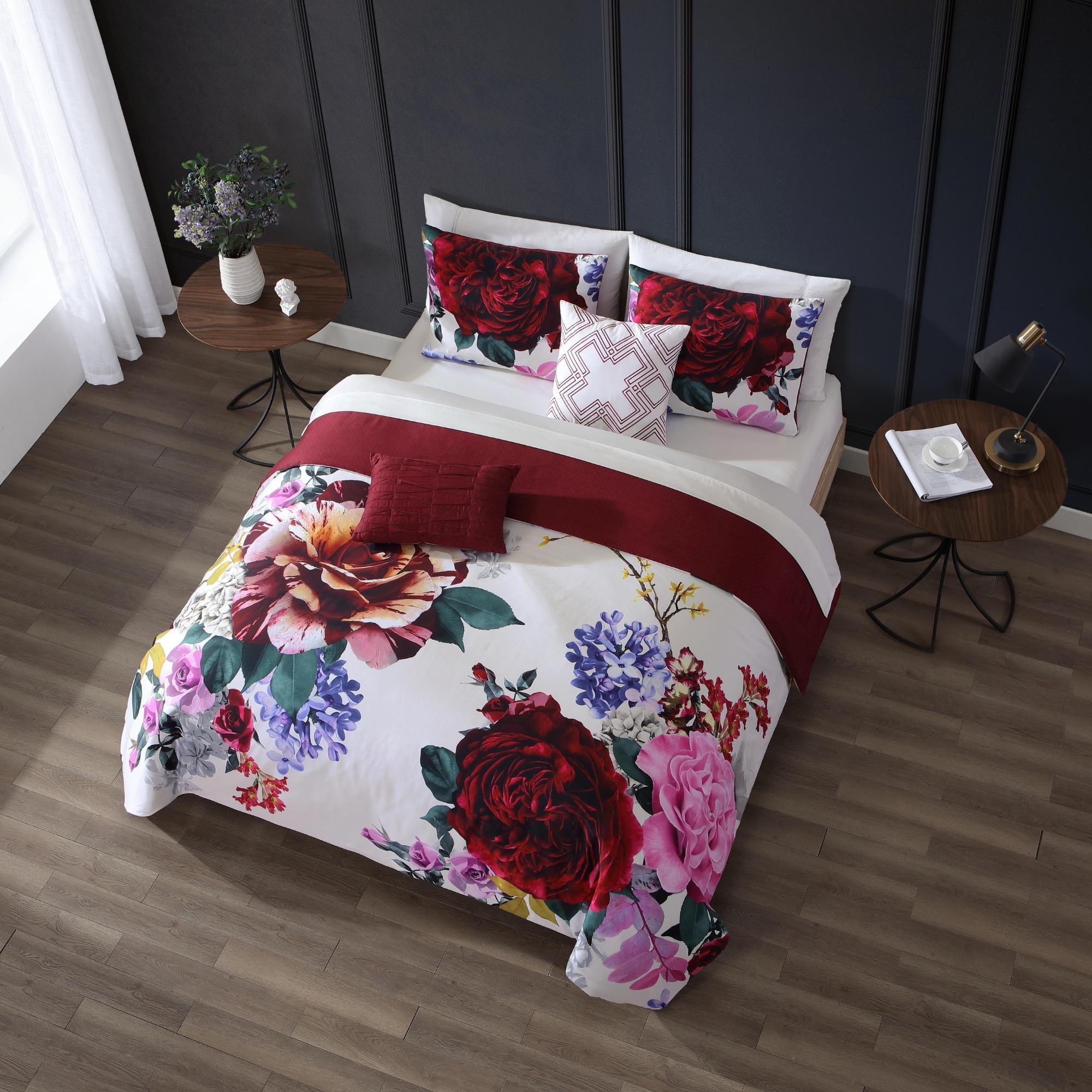 BeBeJan Bebejan Magenta Floral 100% Cotton Sateen 5 Piece Reversible Comforter Set