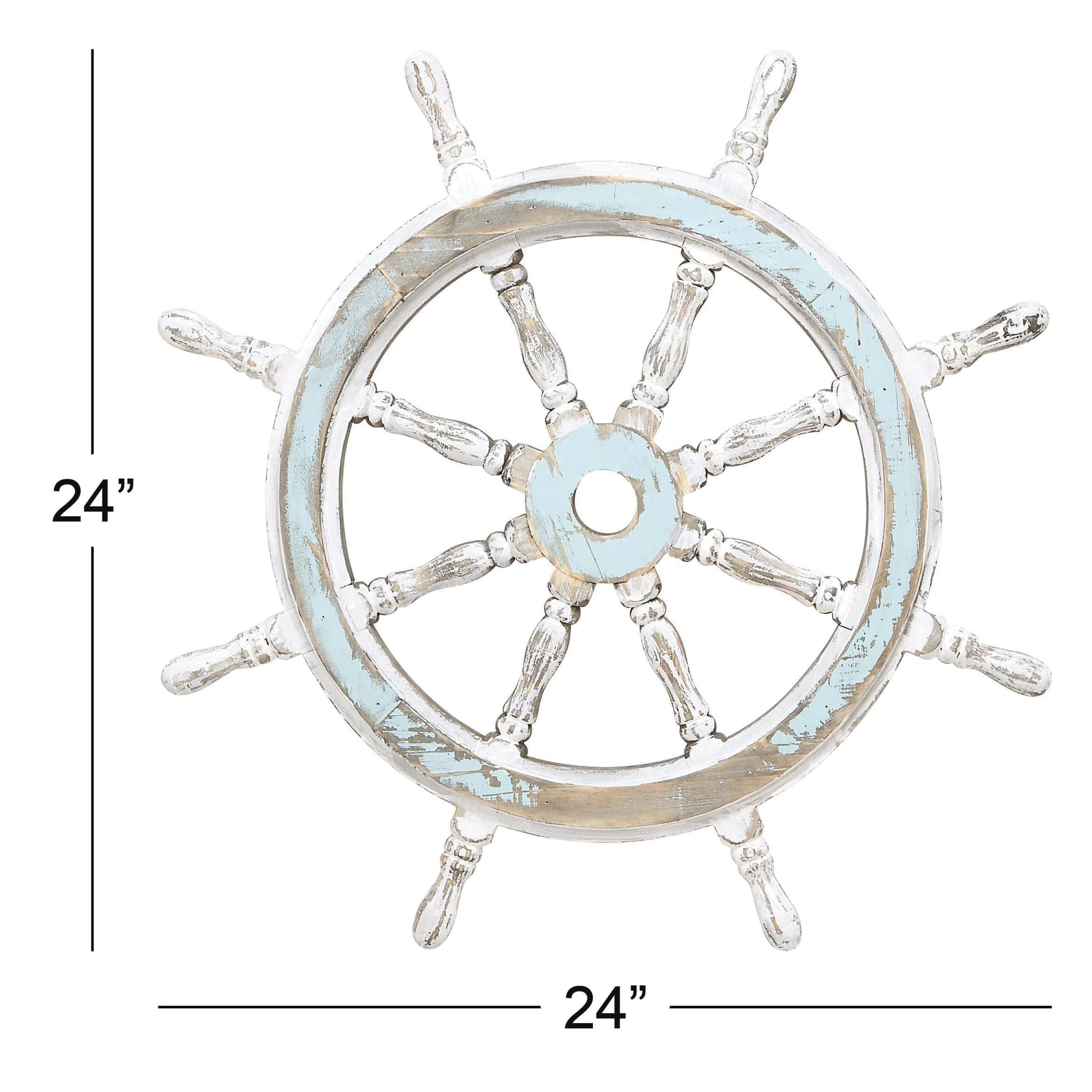 DecMode Blue Wood Ship Wheel Sail Boat Wall Decor with Distressing