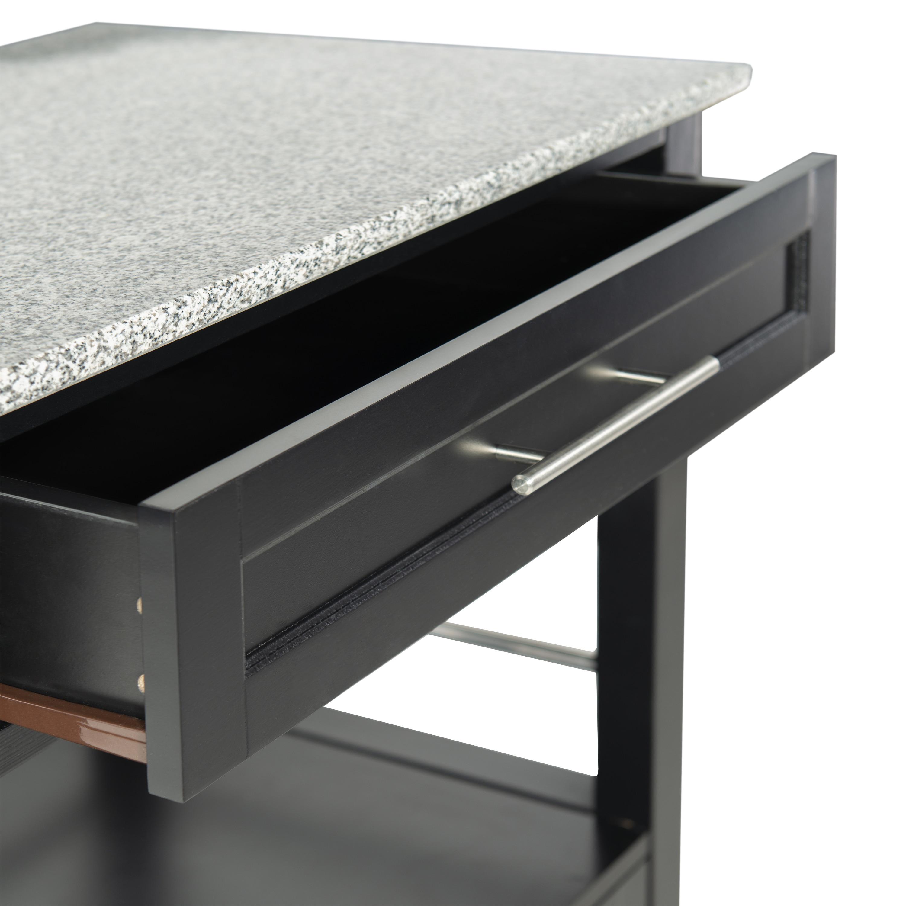 Mitchell Black Wood Granite Top Kitchen Cart: Storage, Towel Bar, Locking Casters - Linon