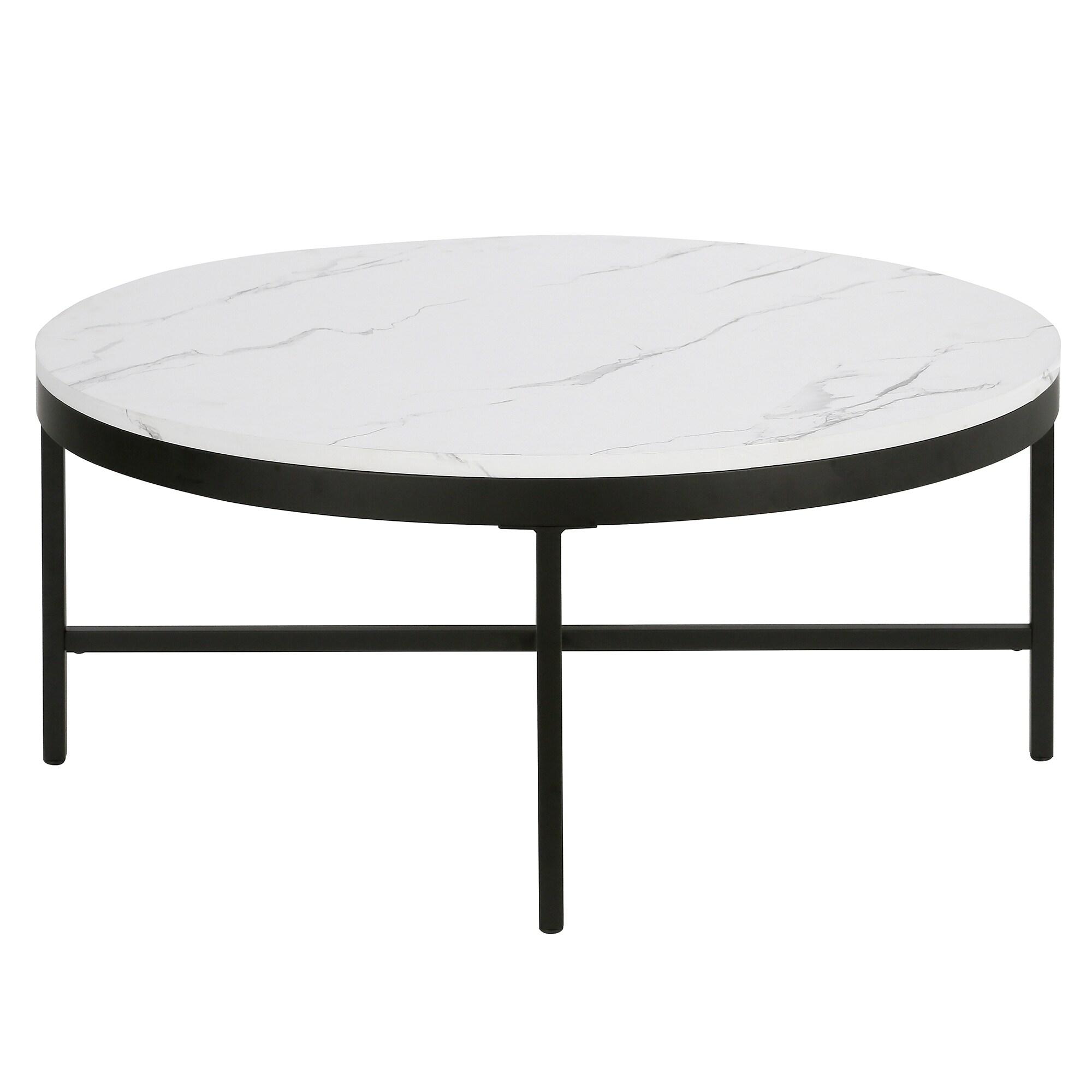 Evelyn&Zoe Xivil 36" Wide Round Coffee Table with Faux Marble Top in Blackened Bronze/Faux Marble
