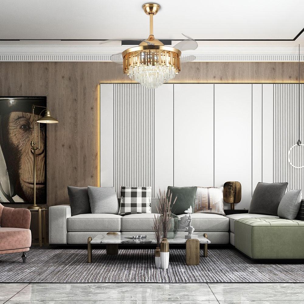 42 in. Integrated LED Indoor Gold Luxury Automatic Retractable Crystal Ceiling Fan with Remote