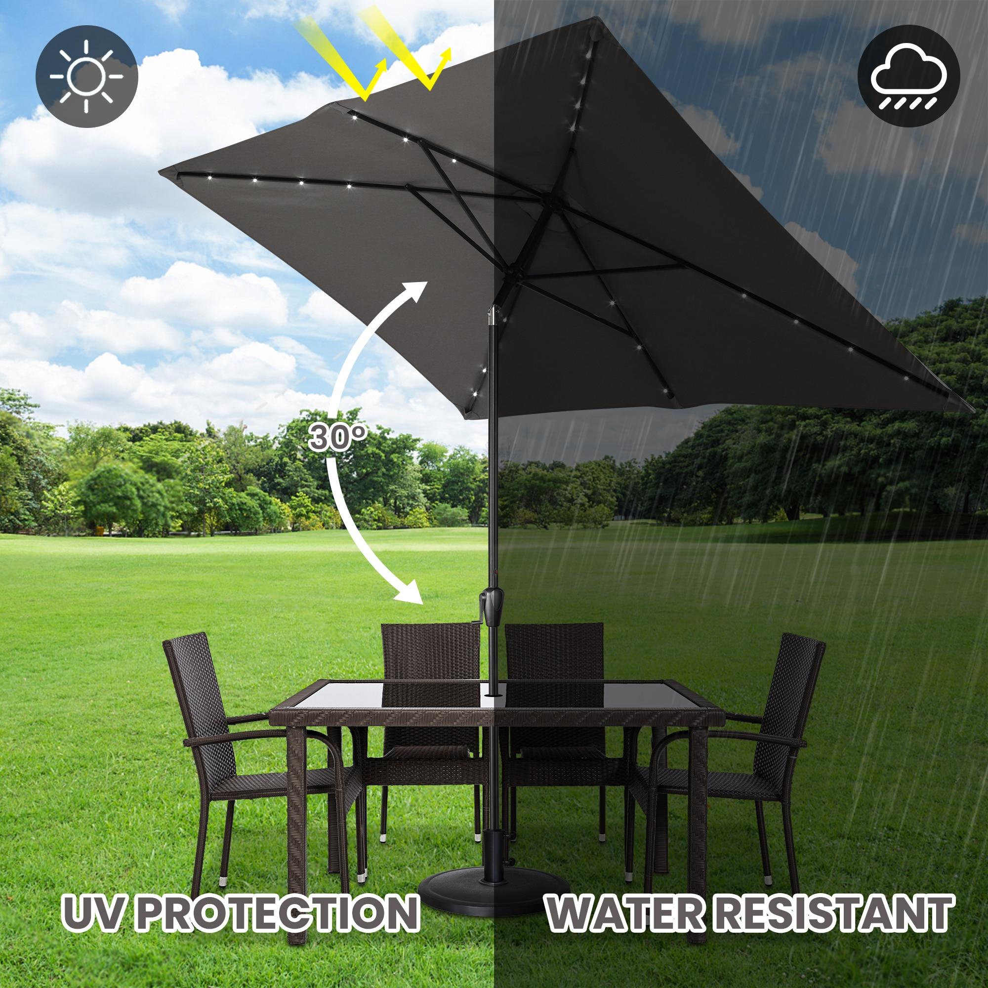 Sun-Ray 6.6x10 FT Solar LED Rectangular Patio Umbrella with Push-Button Tilt and Hand Crank Canopy Lift, Table Umbrella with Solution Dyed Navy Fabric for Porch, Deck, Garden, and Swimming Pool, Grey