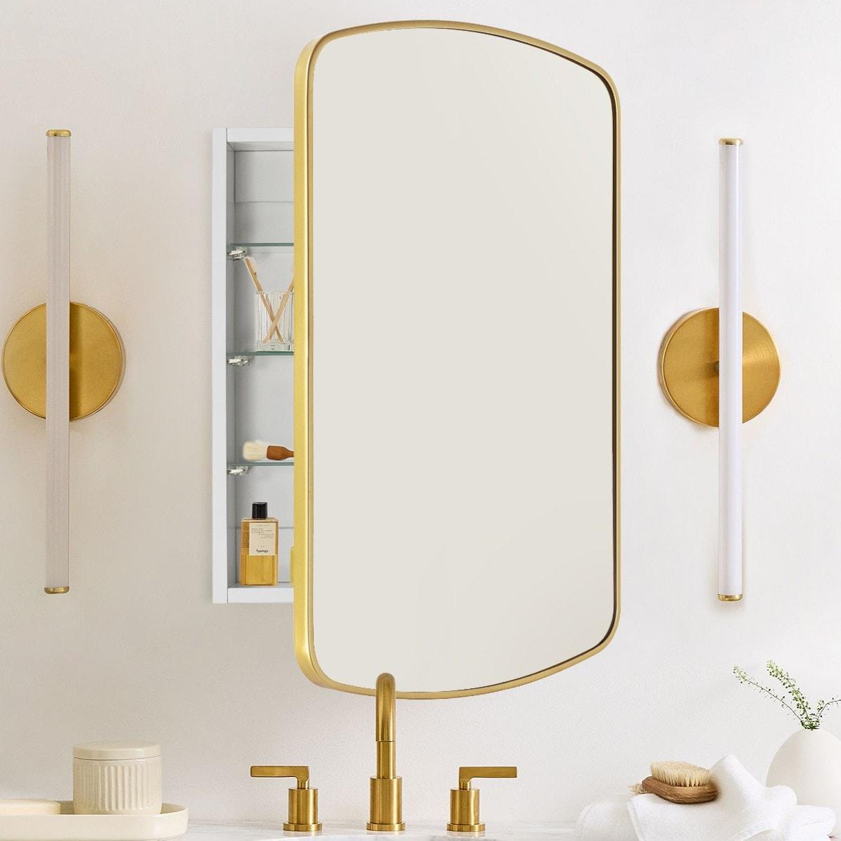 TEHOME 18 in. W x 27 in. H Arched Recessed and Surface Mount Metal Framed Bathroom Medicine Cabinet with Mirror in Brushed Gold