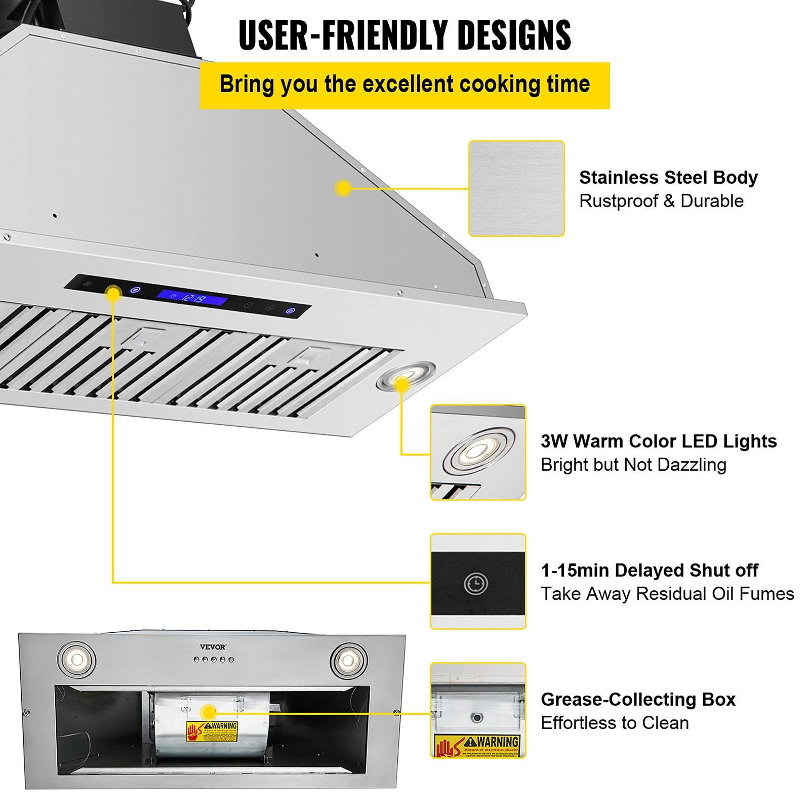 VEVOR 36" 900 CFM 4 Speed Ducted Insert Range Hood with Charcoal Filter and Light