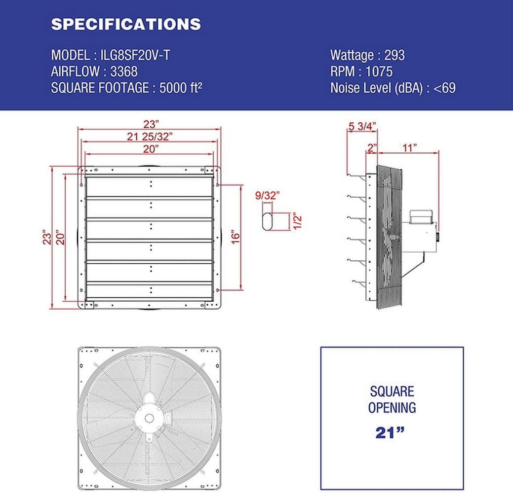 iLIVING ILG8SF20V-T 20 inch Shutter Exhaust Attic Garage Grow, Ventilation Fan with 3 Speed Thermostat 6 Foot Long 3 Plugs Cord, 20" - Variable, 3368 CFM, 5000 SQF Coverage Area, Silver