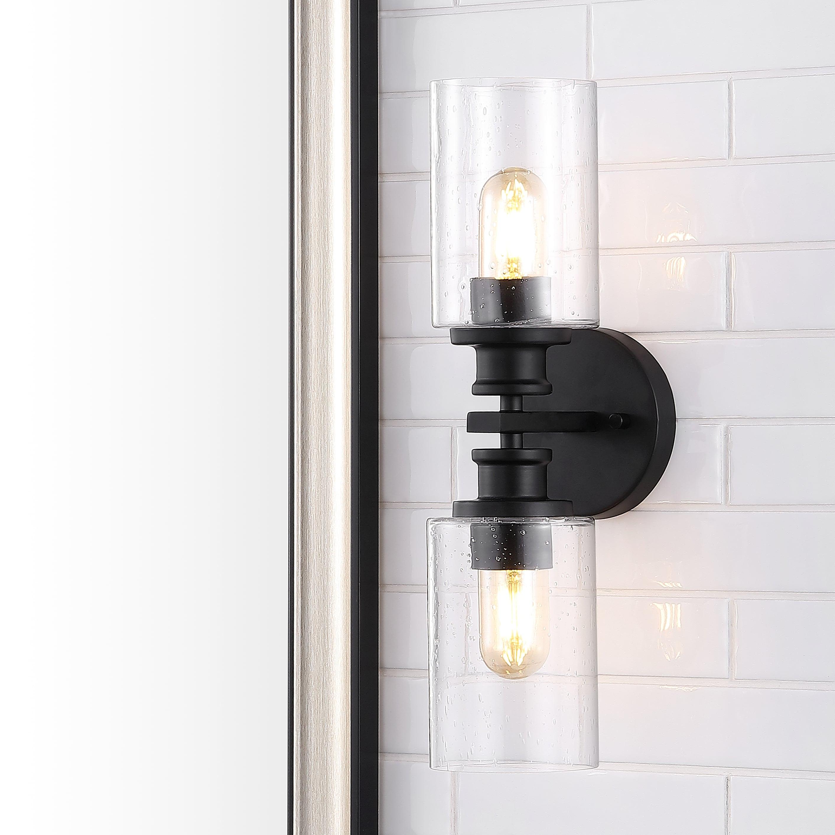 JONATHAN Y Jules Edison 16.5" Cylinder 2-Light Iron/Seeded Glass Farmhouse Contemporary LED Wall Sconce, Black