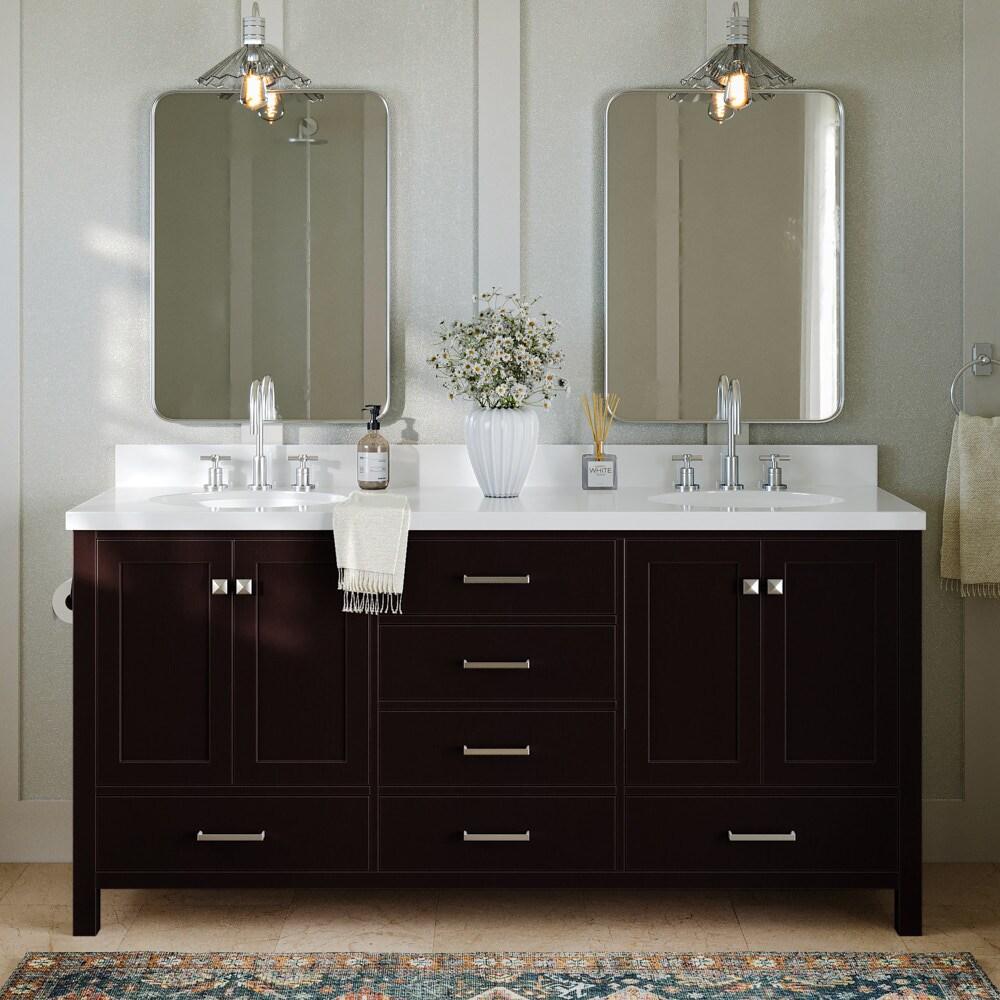 Espresso Double Sink Vanity with White Quartz Top, 73-inch