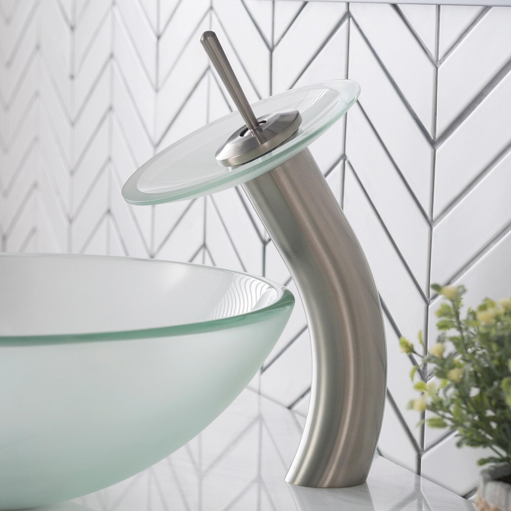 KRAUS Tall Waterfall Bathroom Faucet for Vessel Sink with Frosted Glass Disk and Pop-Up Drain, Satin Nickel Finish