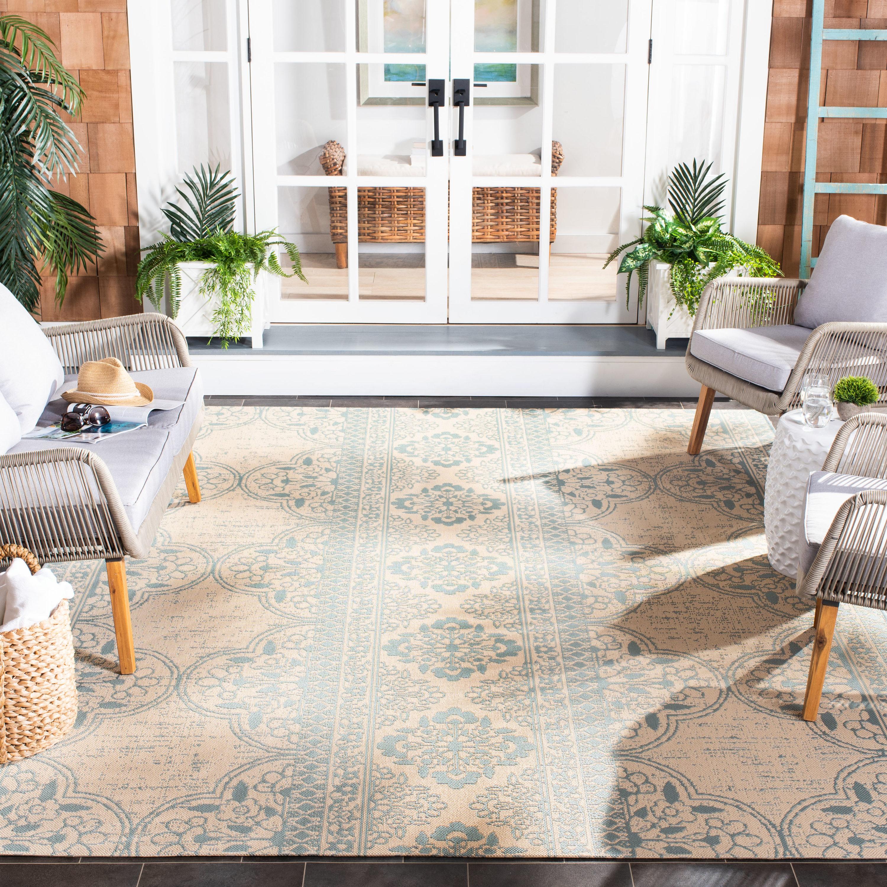 Beach House BHS174 POWER LOOMED Indoor/Outdoor Area Rug - Aqua/Cream - 6'7"x9'2" - Safavieh