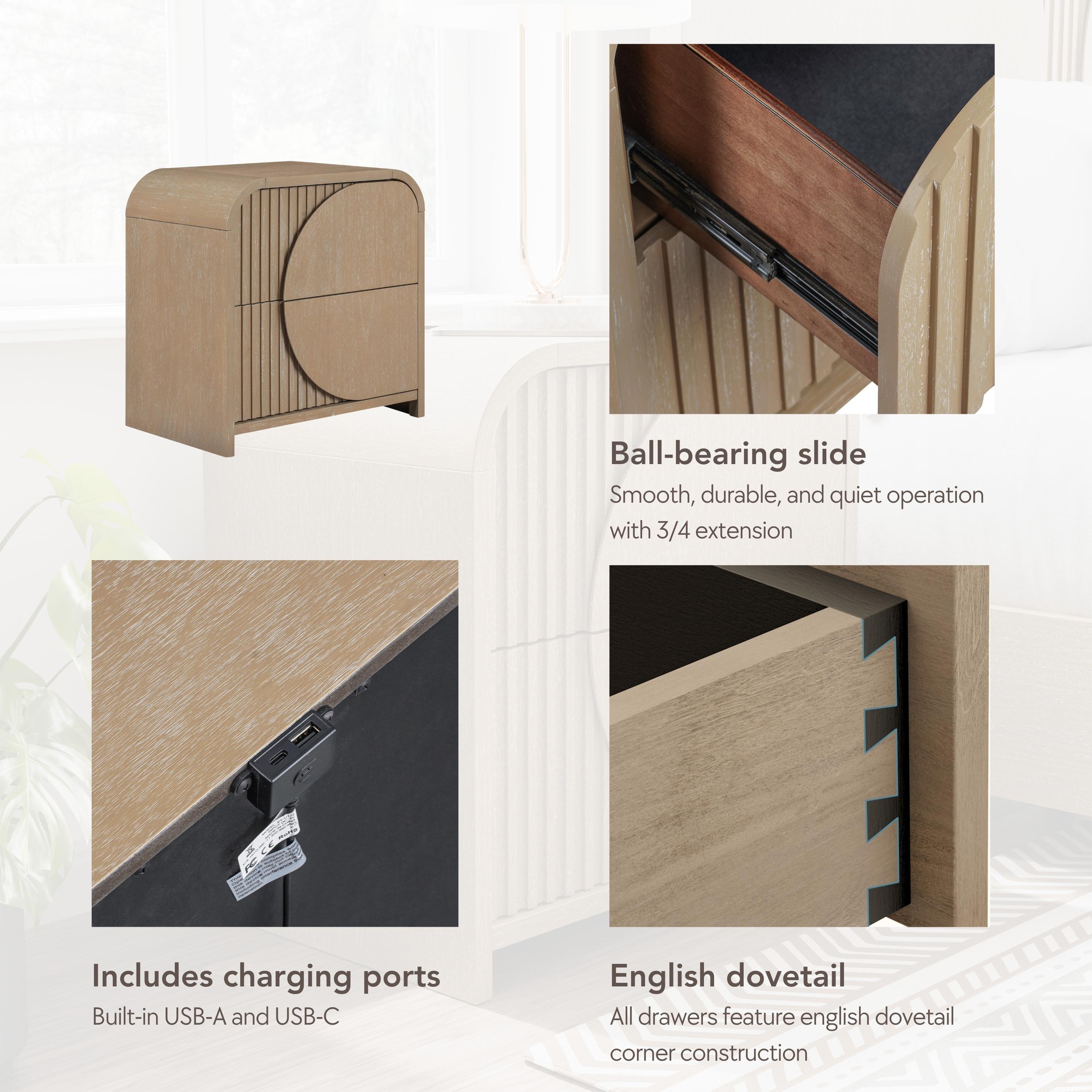 Furniture of America Tissen Modern Solid Wood 5-Piece Queen Bedroom Set with USB Ports, Reeded Panels, Curved Edges and Beveled Mirror, Box Spring Needed, Natural