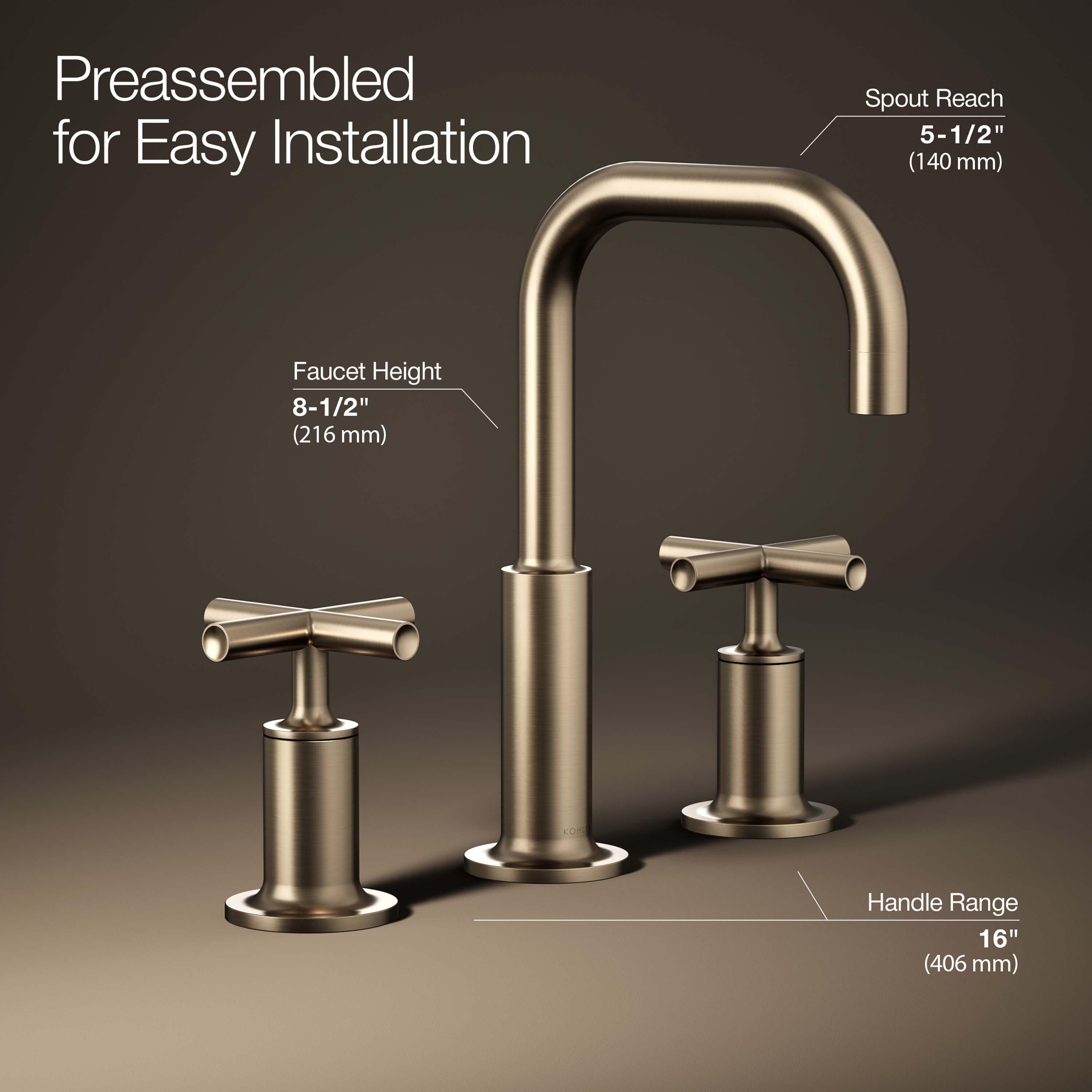 Kohler Purist® Widespread Bathroom Faucet with Pop-Up Drain Assembly, 3-Hole High Arc Cross Handle Bathroom Sink Faucet, 1.2 gpm
